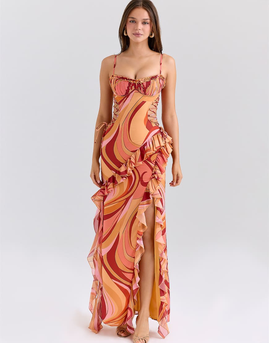 Lumira sunset swirl print ruffle cut out maxi dress in sunset swirl-Orange