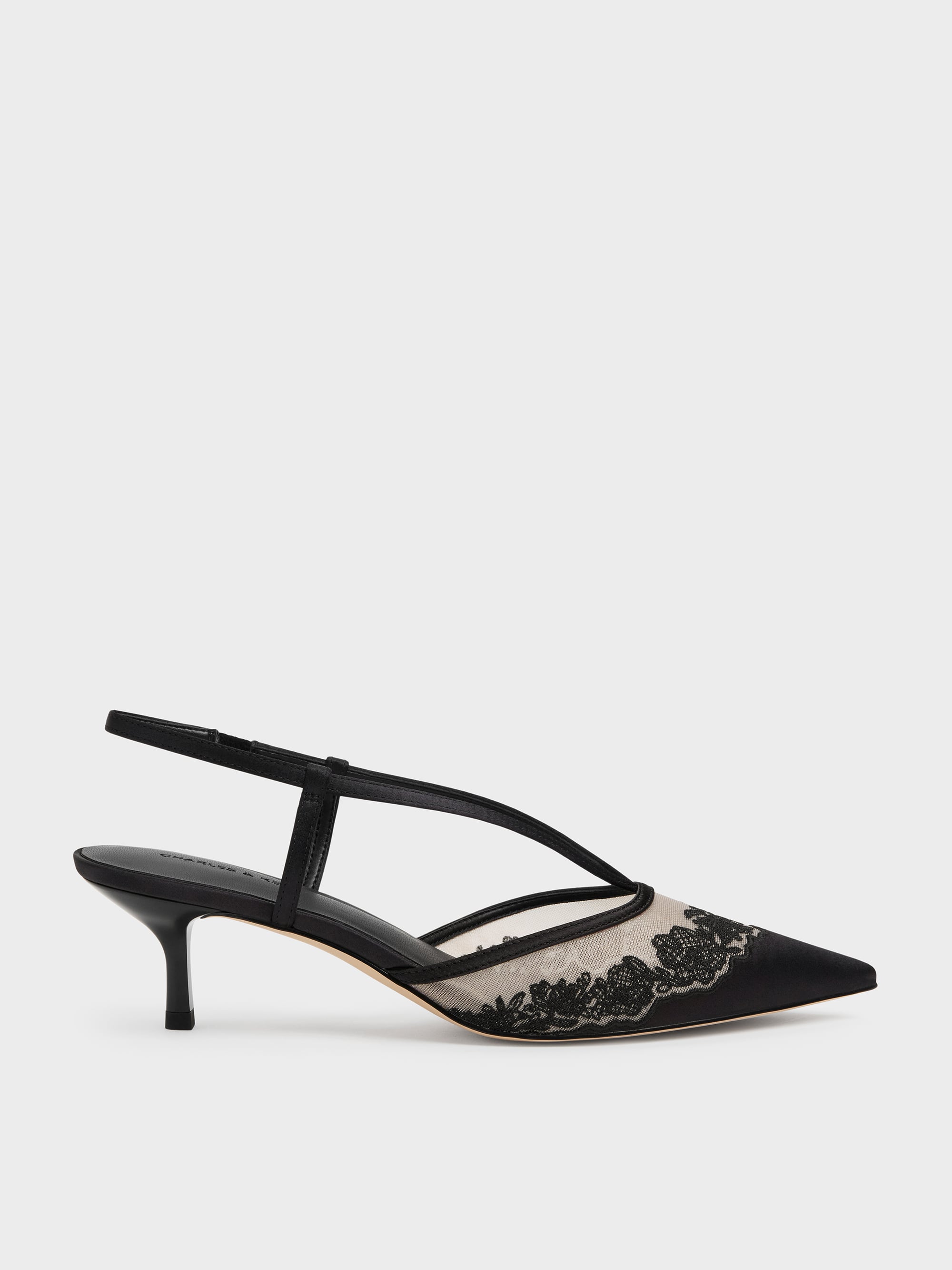 Charles & Keith - Satin Embroidered-Mesh Slingback Kitten Heels