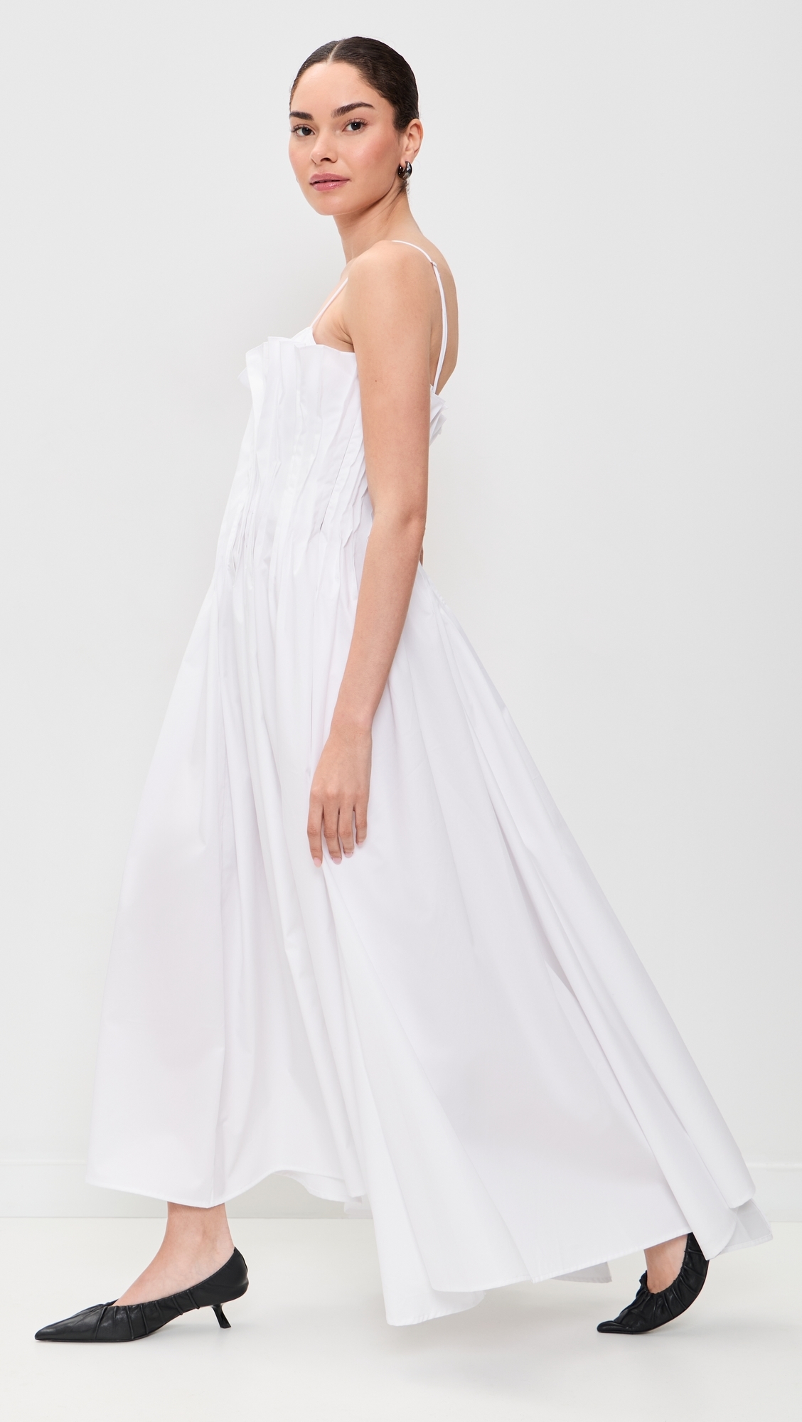 Cinched Pleated Midi Dress White