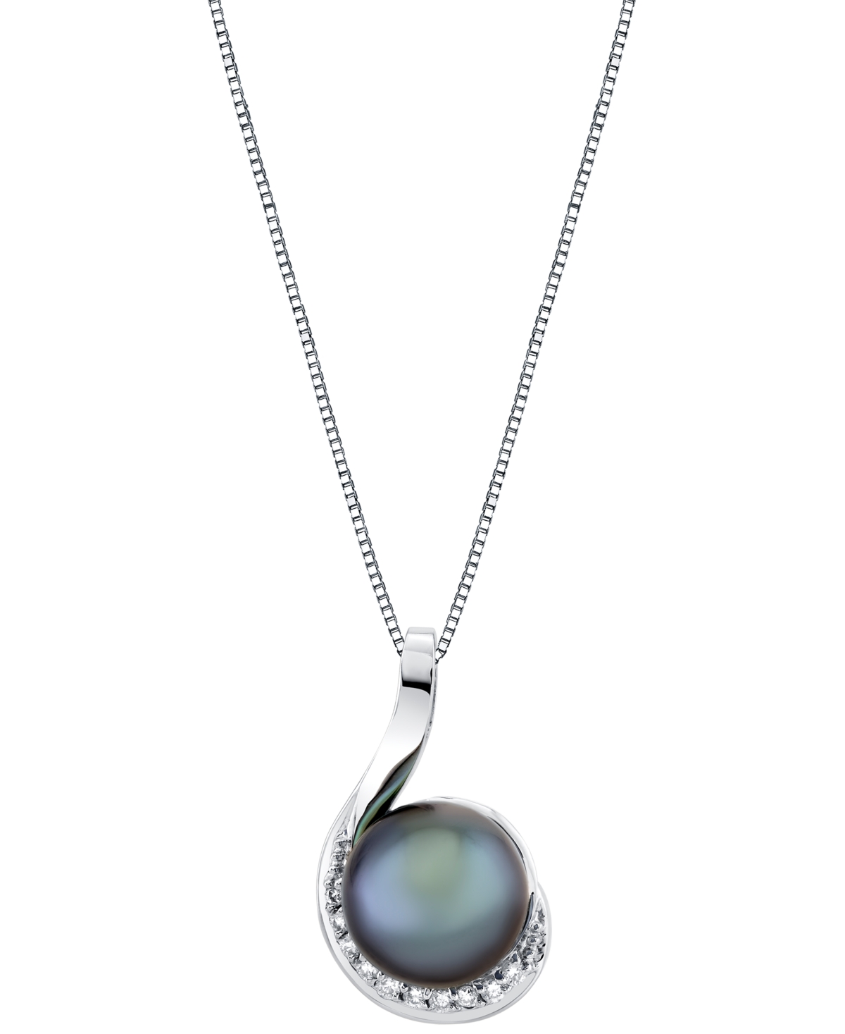 "Cultured Tahitian Pearl (10mm) & Diamond Accent Swirl 18"" Pendant Necklace in 14k White Gold - White Gold"
