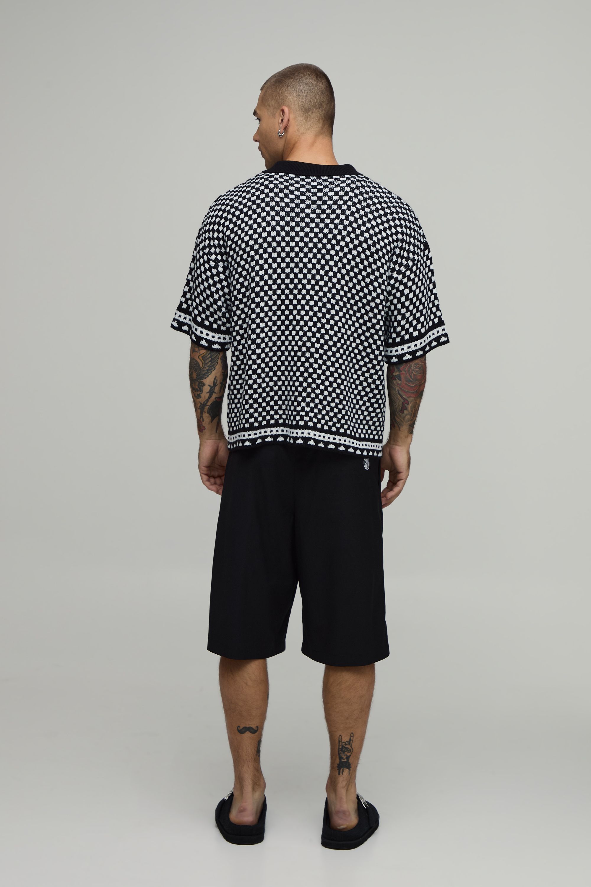 BoohooMAN Mens Boxy Regular Jacquard Border Knitted Shirt - Black Cotton - Sma