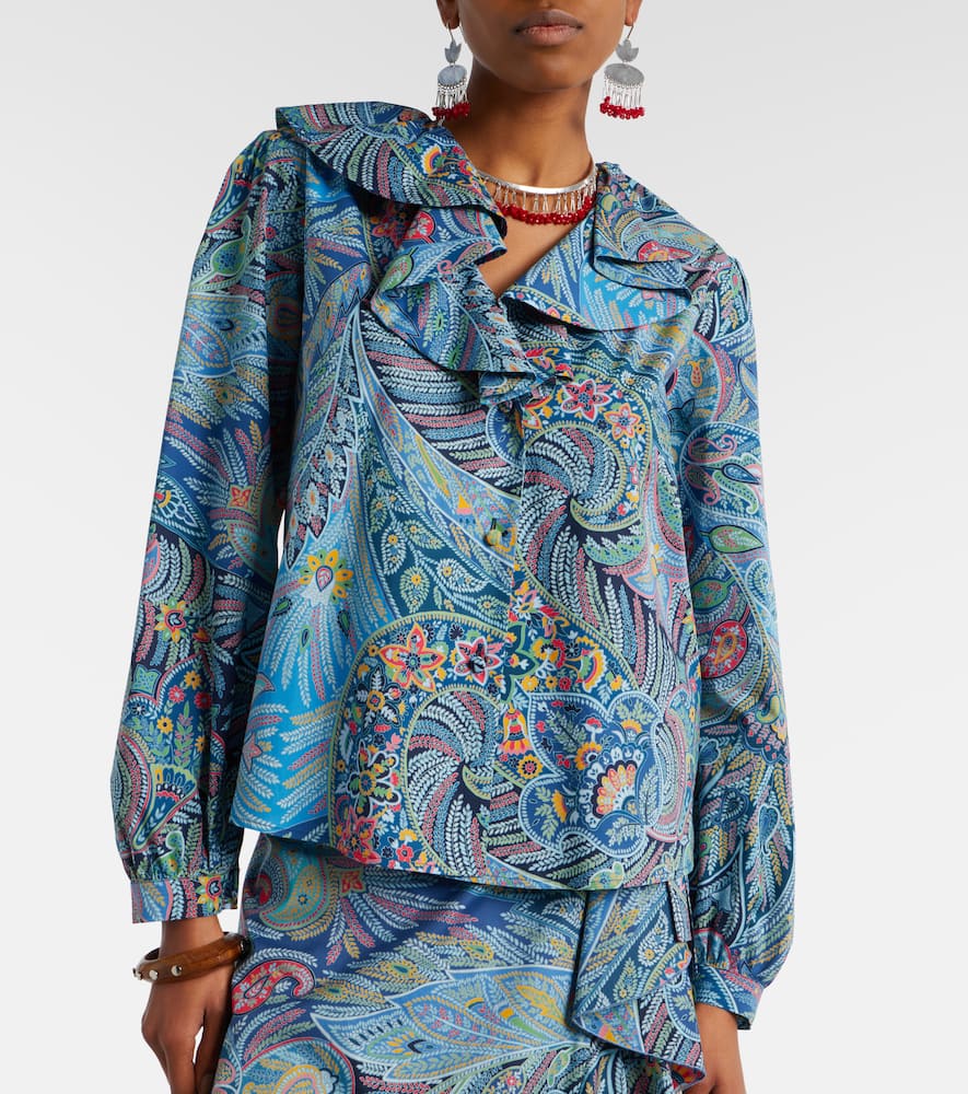 Printed ruffled cotton-blend shirt
