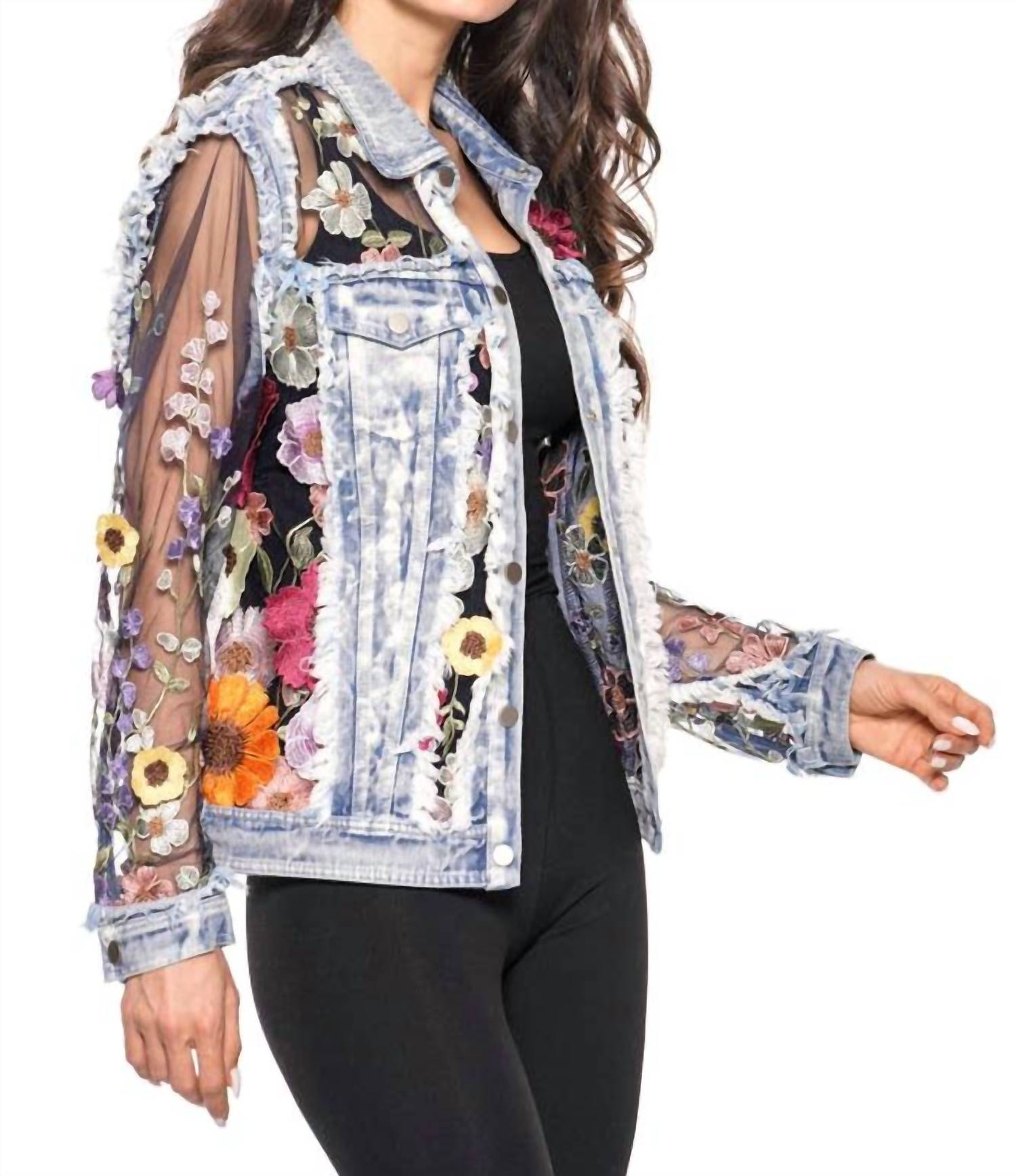 Embroidered Denim And Lace Jacket In Fall Bloom