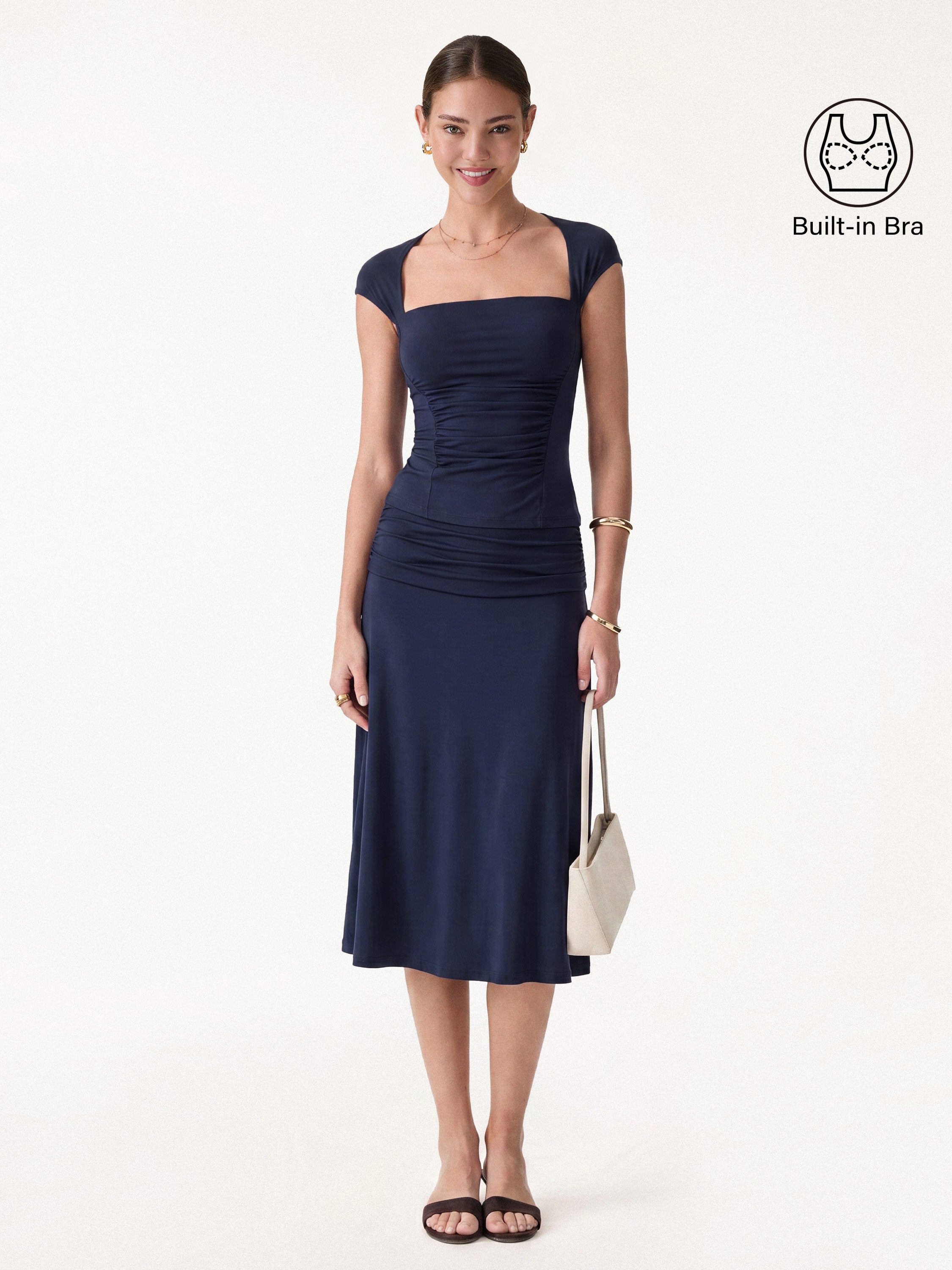 2Pcs Set Square Neck Cutout Back Bra Top & A-line Midi Skirt - Midnight Navy / XS