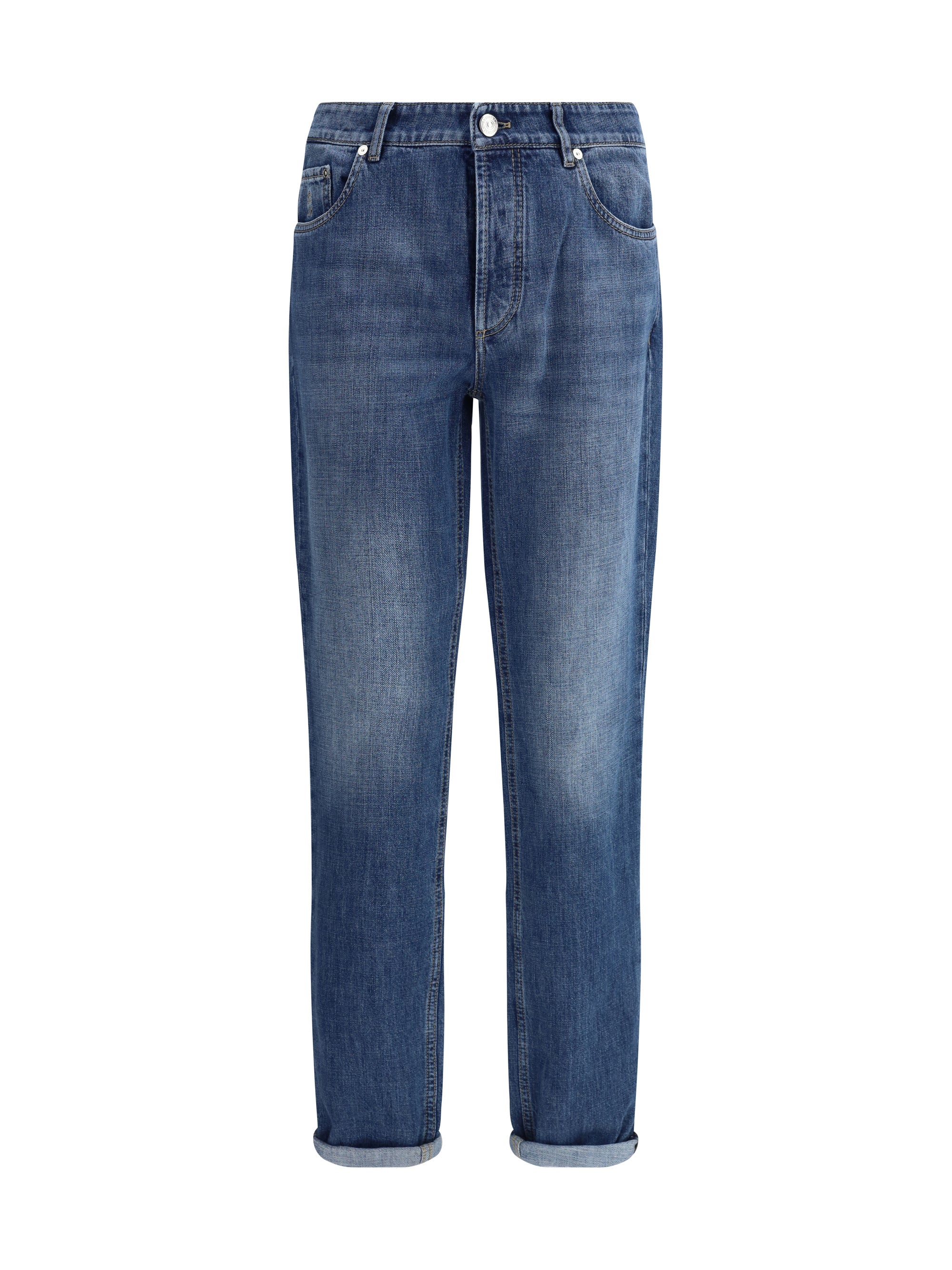 Cuffed Cotton Jeans — Blue