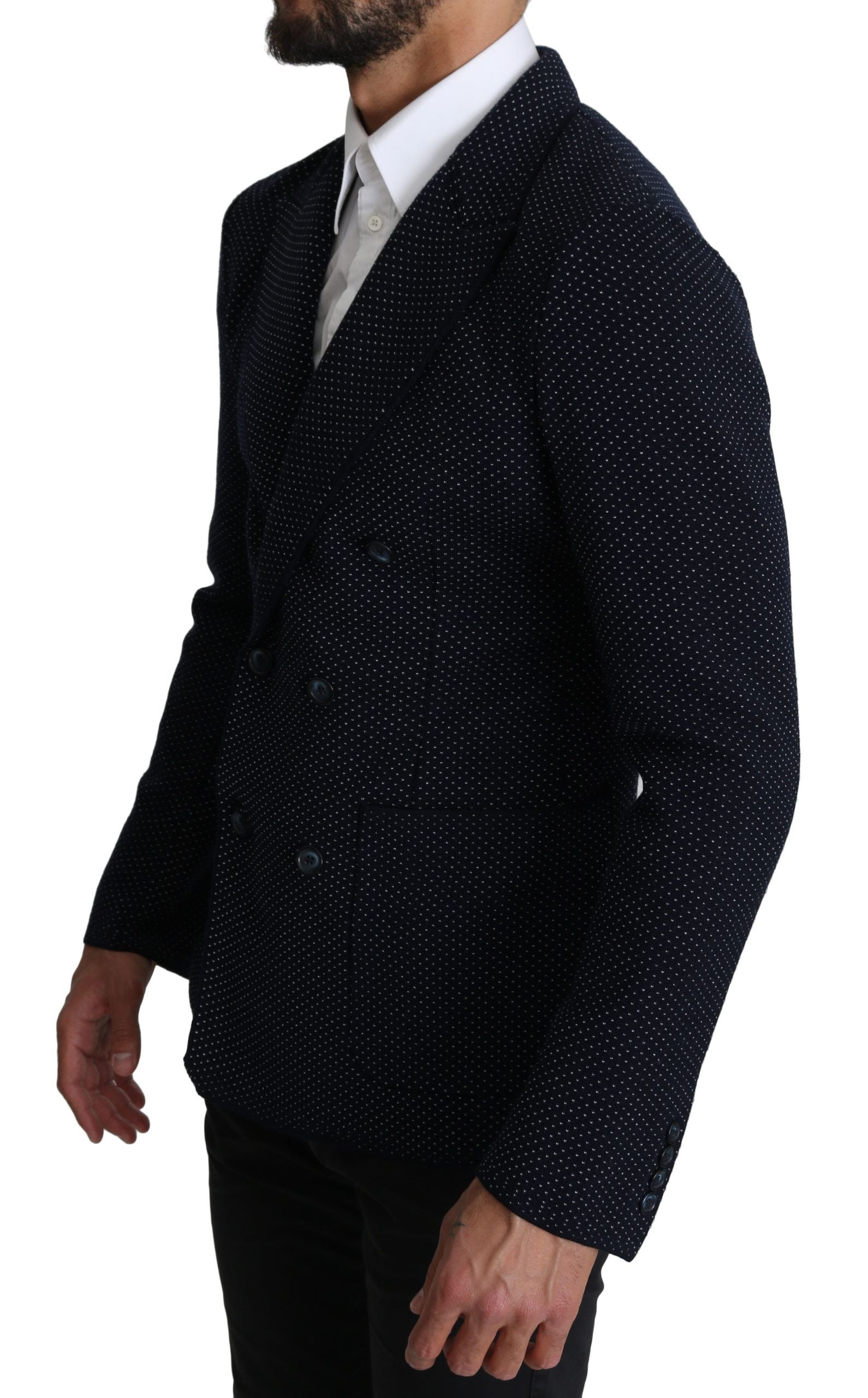Virgin Wool Dotted Double-Breasted Blazer — Navy