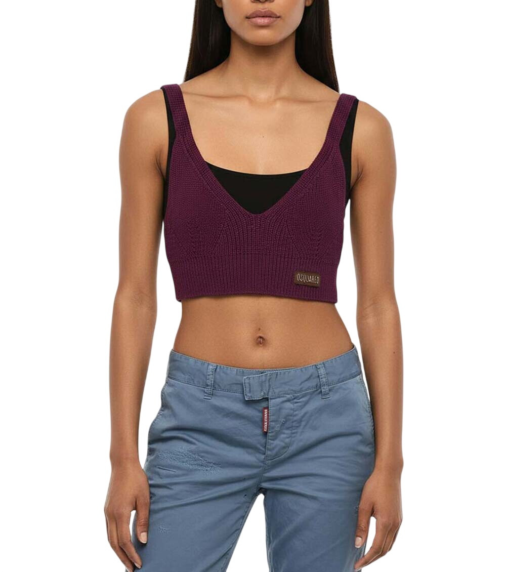 Purple Knitted V Neck Top