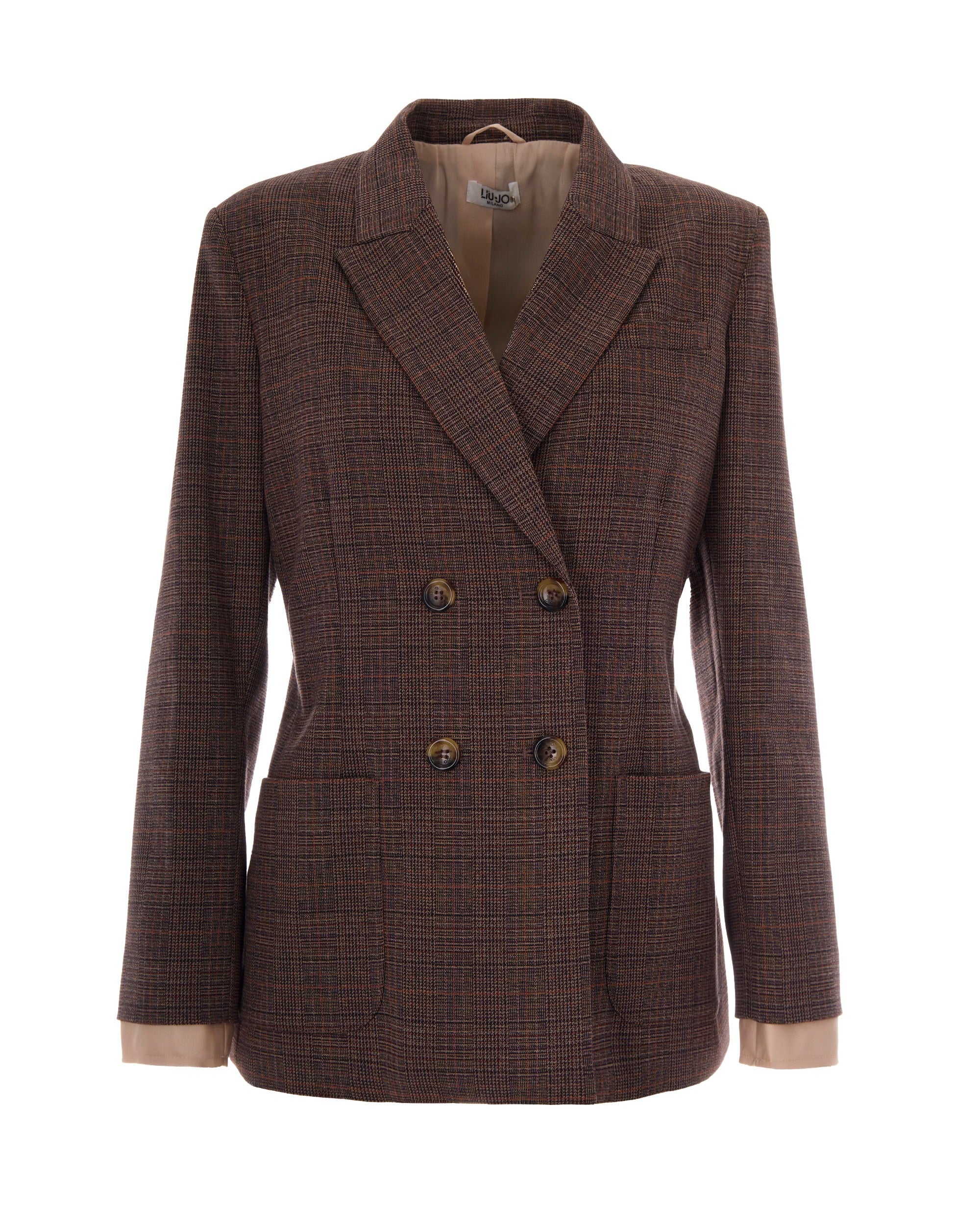 Double-Breasted Tartan Blazer — Brown