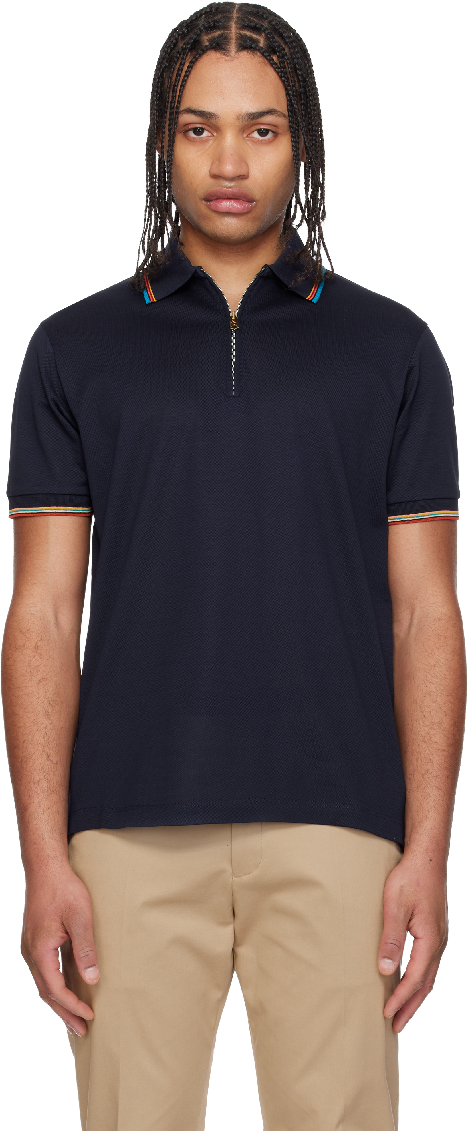 Navy Cotton 'Signature Stripe' Trim Zip Polo Shirt
