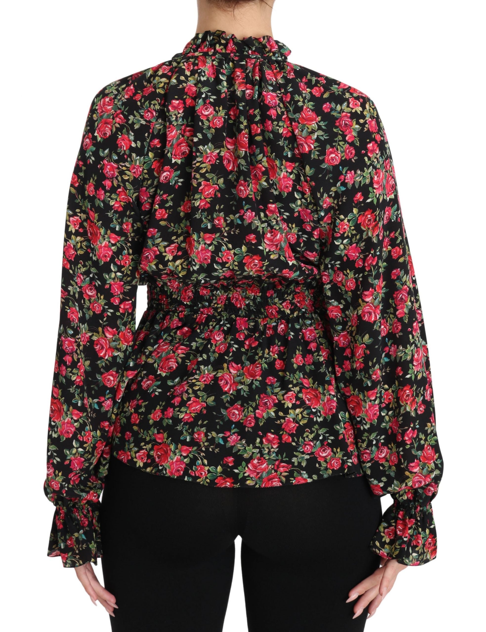 Rose Print Floral Silk Blouse — Black