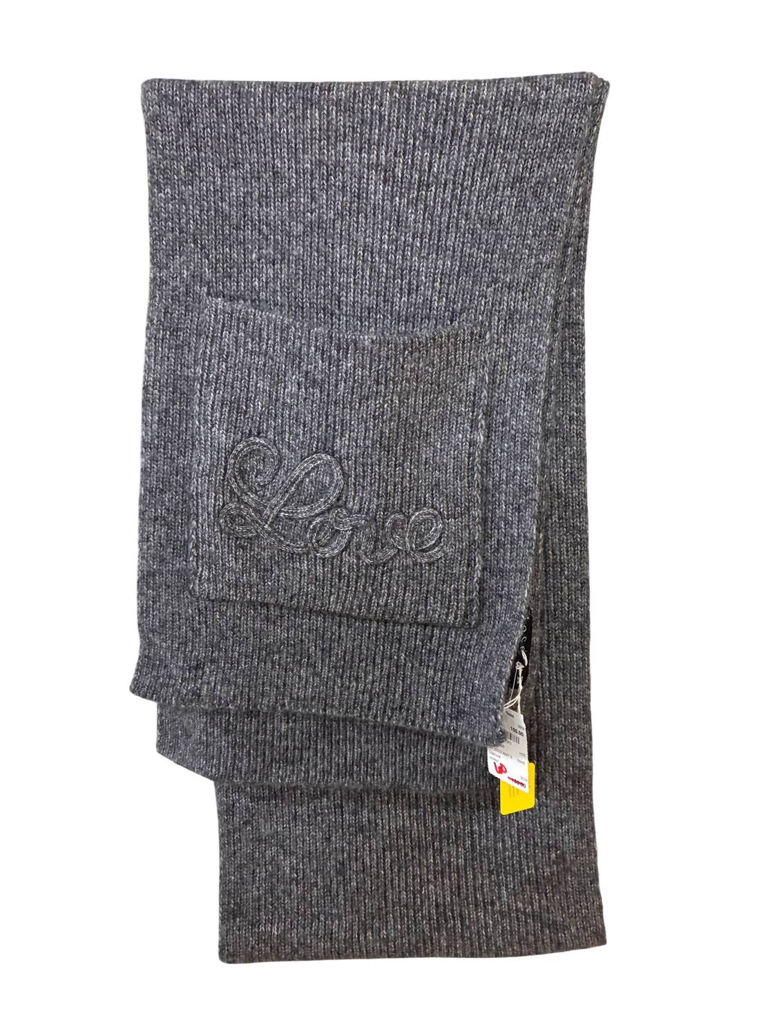 Women's Knit Embroidered Love Scarf With Fringe In Charcoal