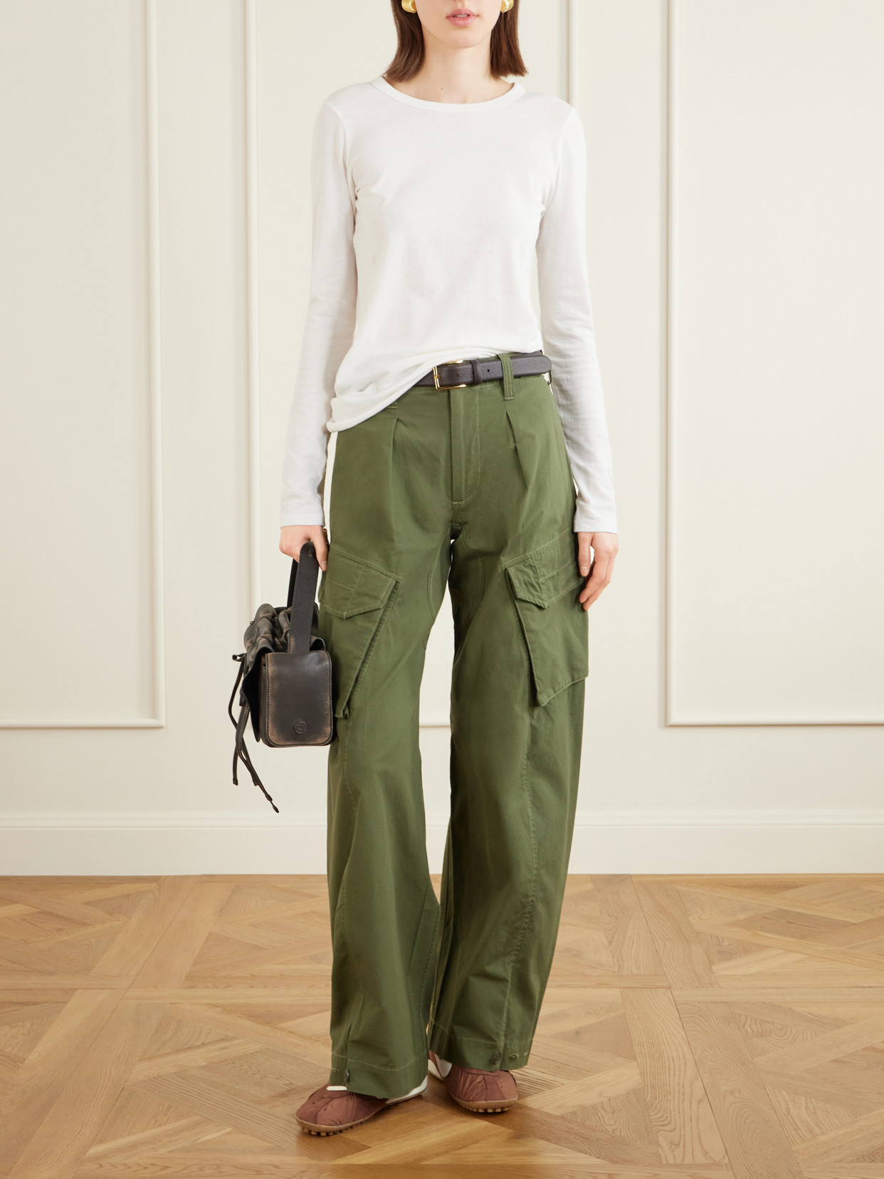Cotton Barrel-leg Cargo Pants - Green