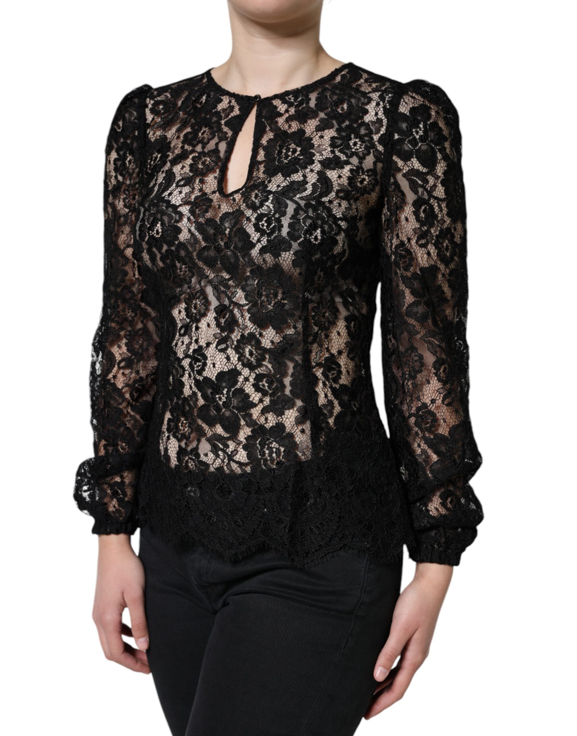 Floral Lace Long Sleeve Blouse — Black