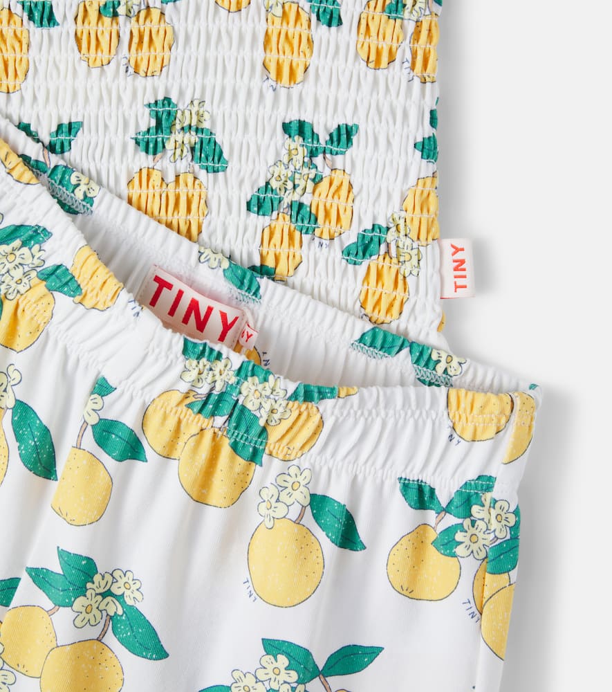Printed shirred cotton-blend top and pants set