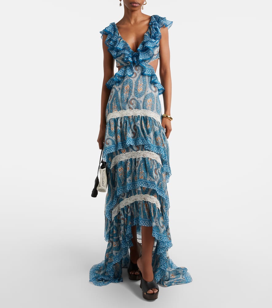 Paisley lace-trimmed ruffled silk maxi dress