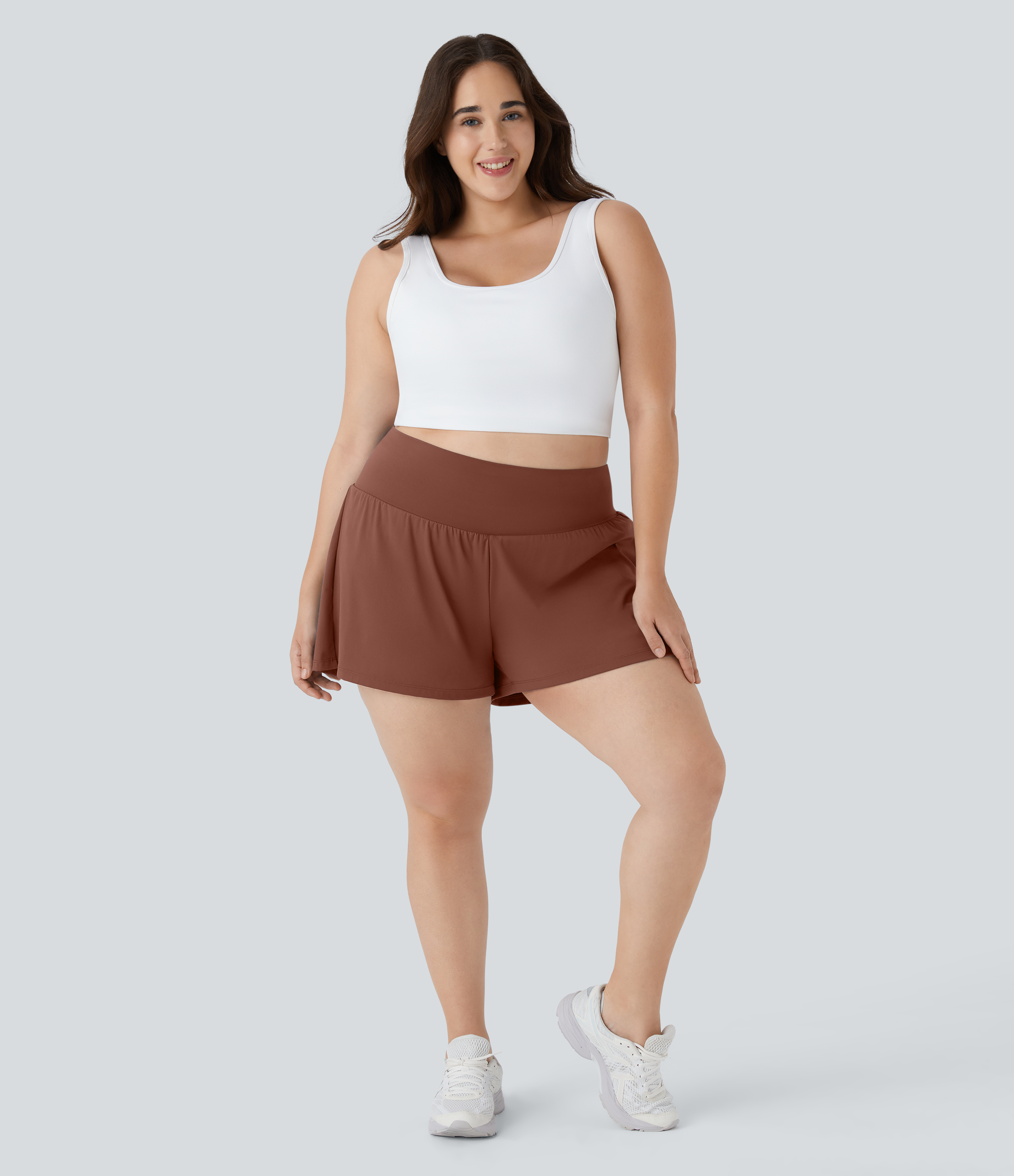 Super High Waisted Pocket & Pocket 2-in-1 Yoga Plus Size Shorts 4''-Longer Length Gym Short - Sequoia