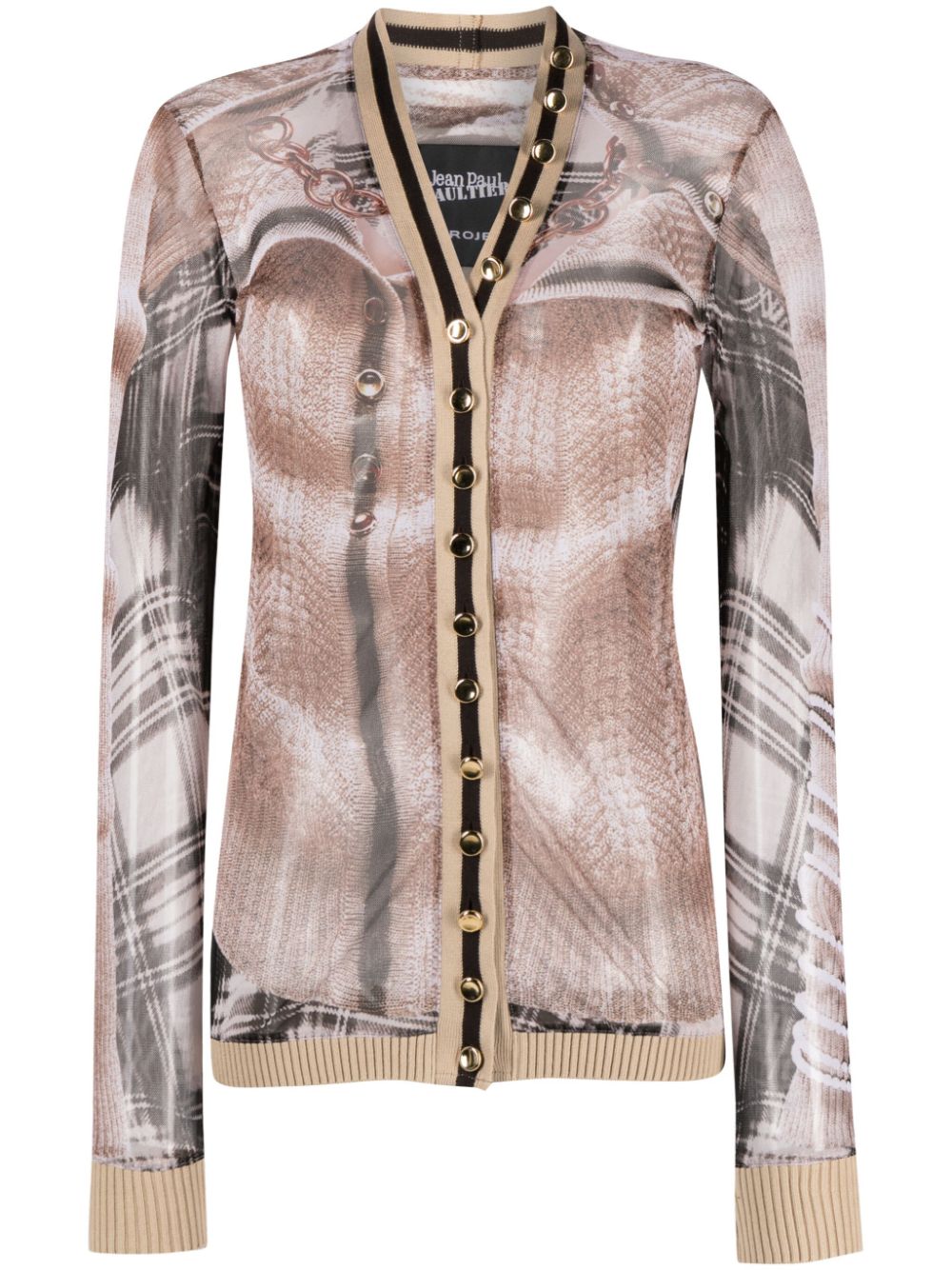 Trompe L'oeil mesh cardigan top - Neutrals