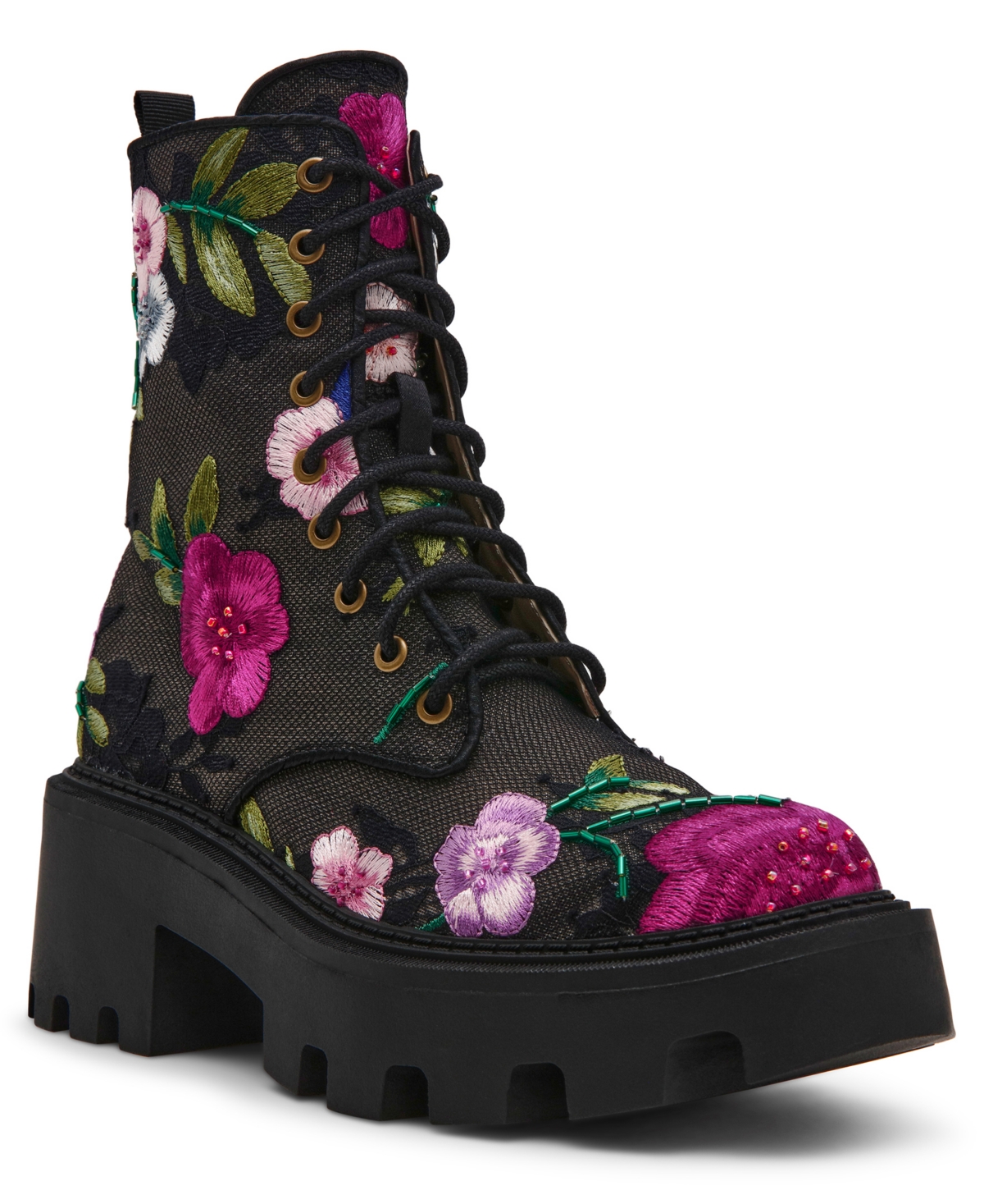 Women's Polli Embroidered Mesh Combat Boots - Black Multi Floral