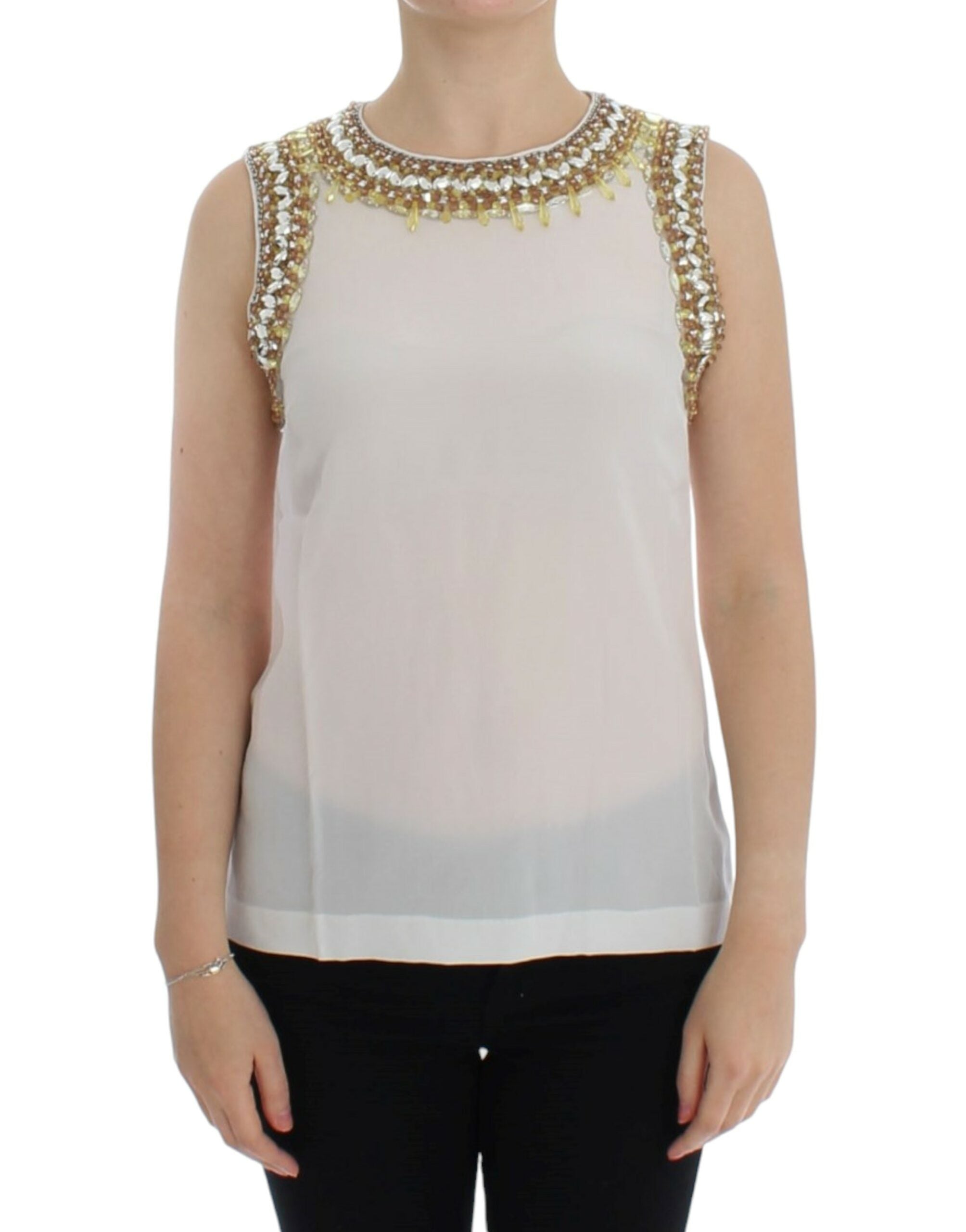Crystal-Embellished Silk Tank Top — White