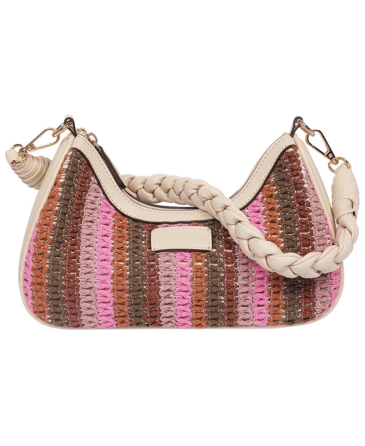 Woven Ribbon Zip Top Hobo Bag â Striped Woven Shoulder Bag with Braided Strap - Cream