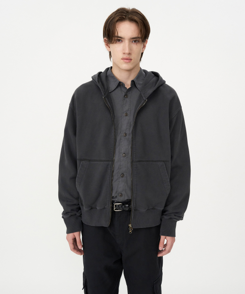 Garment Dyed Essential Zip-Up Hoodie CHARCOAL