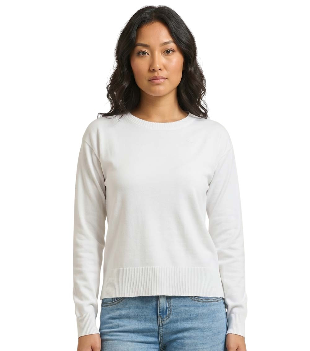 White Solid Crew Neck Sweater