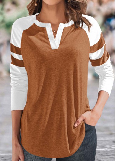 Modlily Dark Camel Patchwork Long Sleeve T Shirt