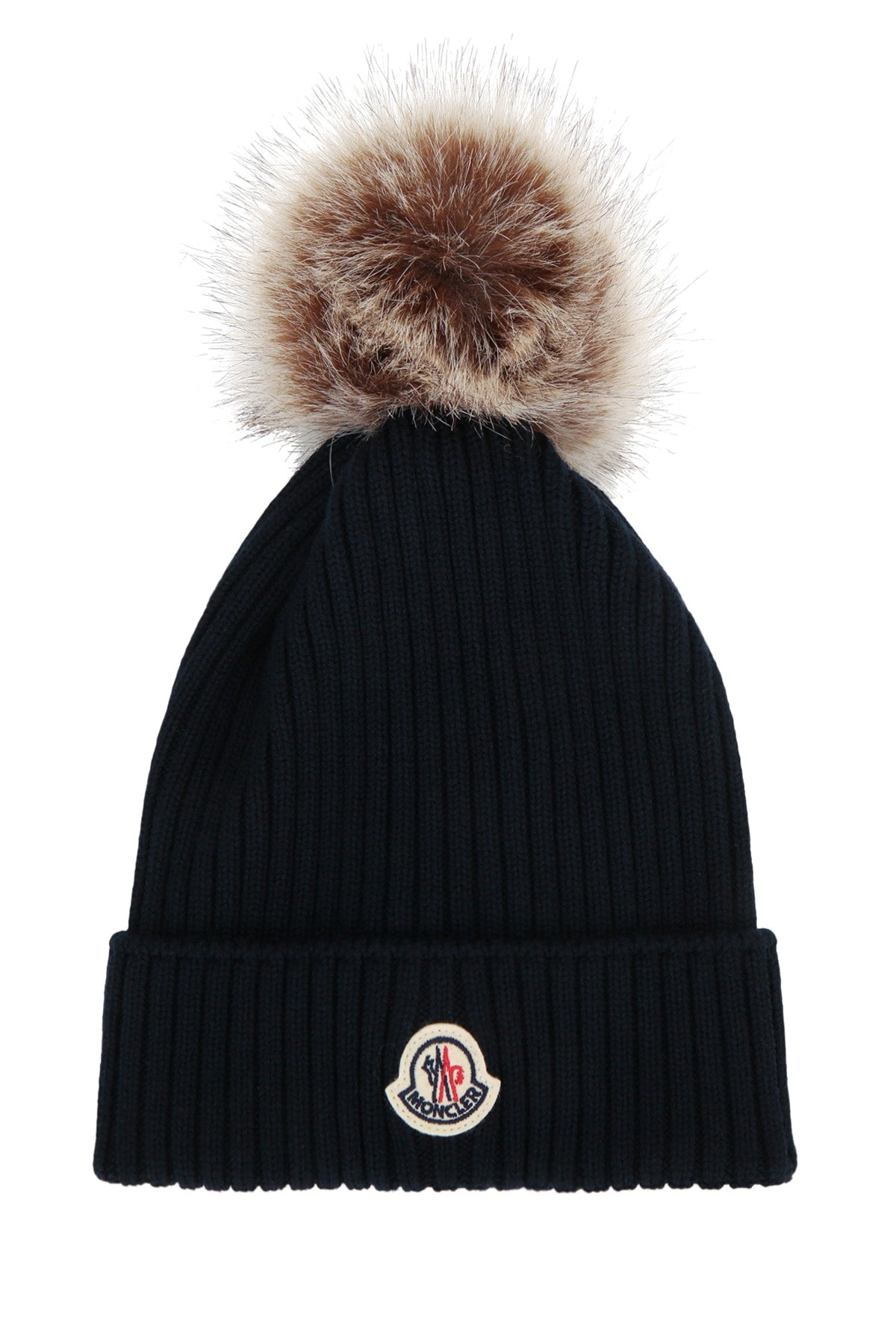 HAT Fur-Pompom Ribbed Beanie — Navy