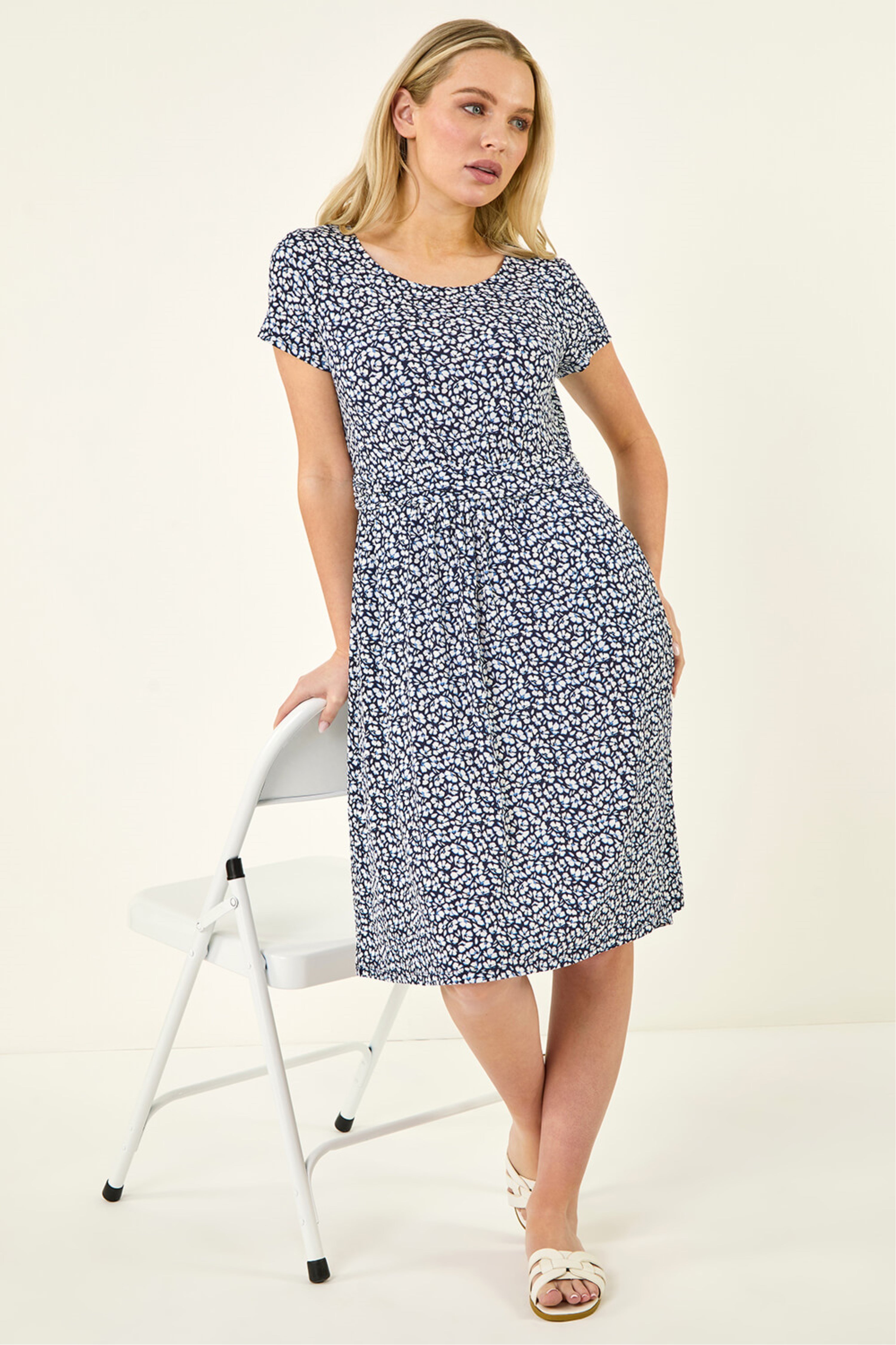 Roman Womens Petite Floral A-Line Stretch Dress - Navy