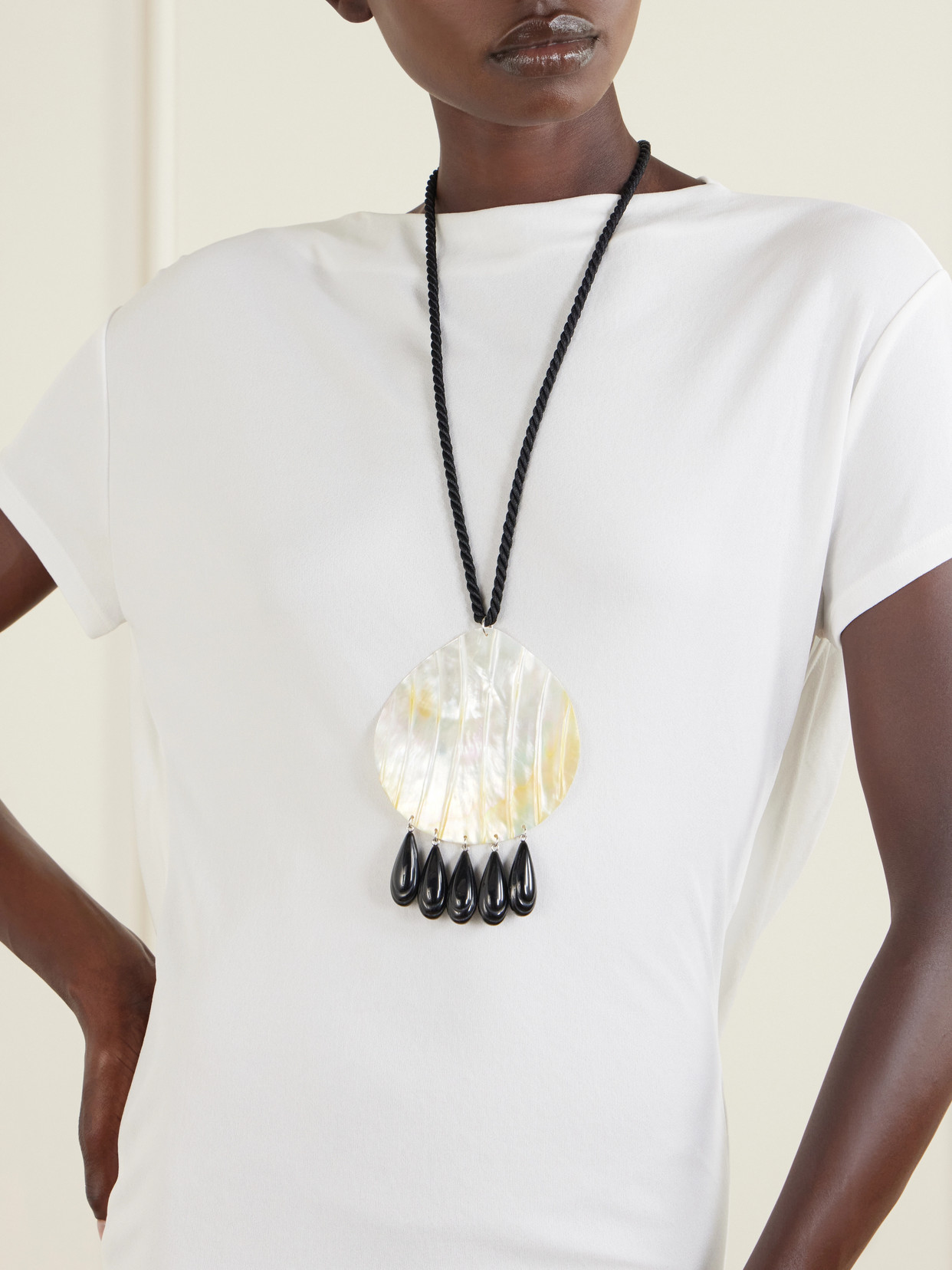 Iris Rhodium-plated, Shell, Resin And Cord Necklace - Black