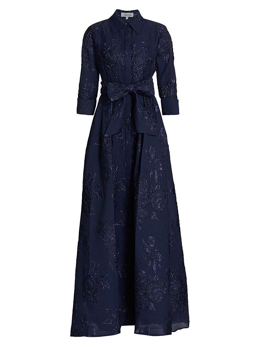 Women's Three-Quarter Sleeve Metallic Jacquard Shirt Waist Gown - Navy