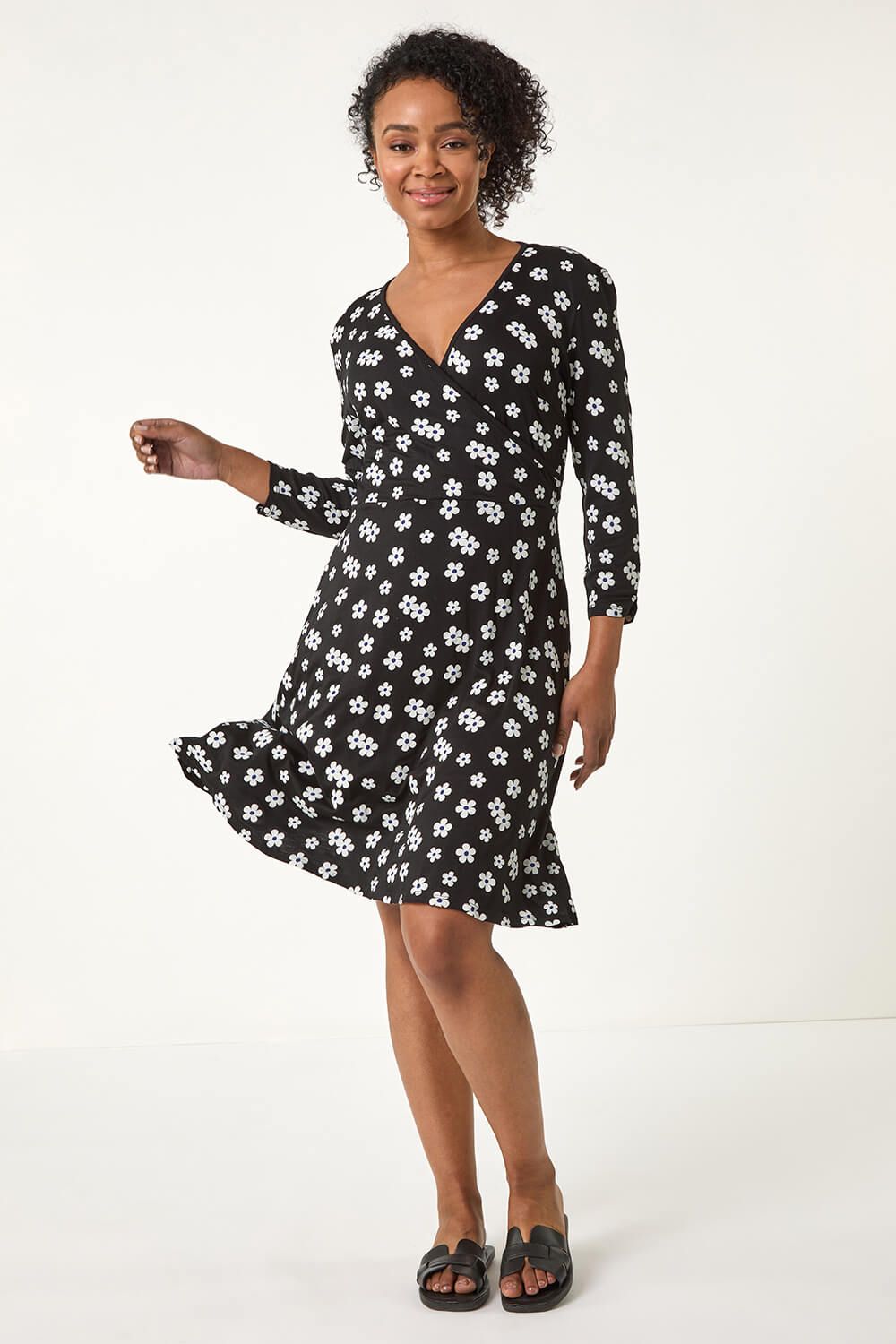 Roman Women's Petite Floral Stretch Wrap Dress in Black