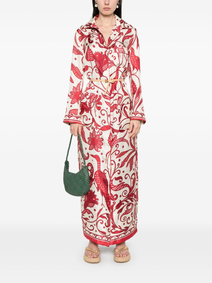 Red Printed Silk Long Shirtdress