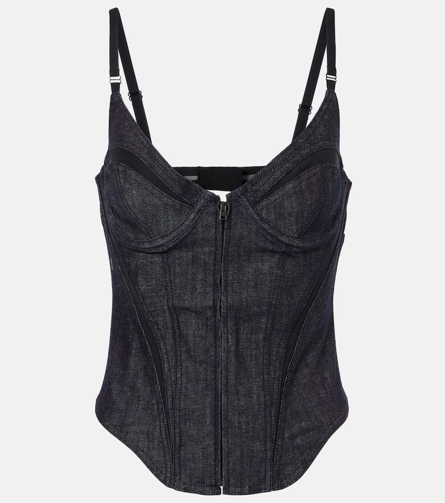 Mesh-trimmed denim corset