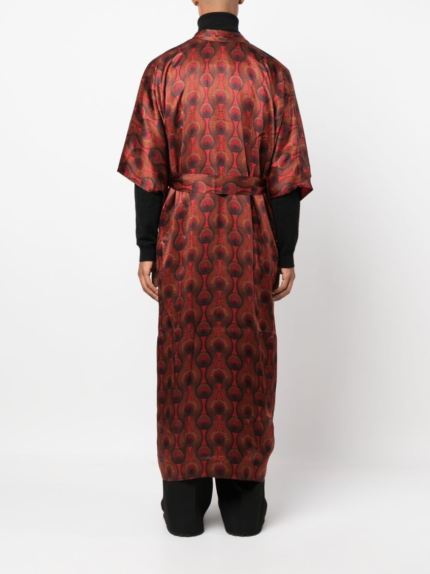 Red Printed Silk Long Kimono