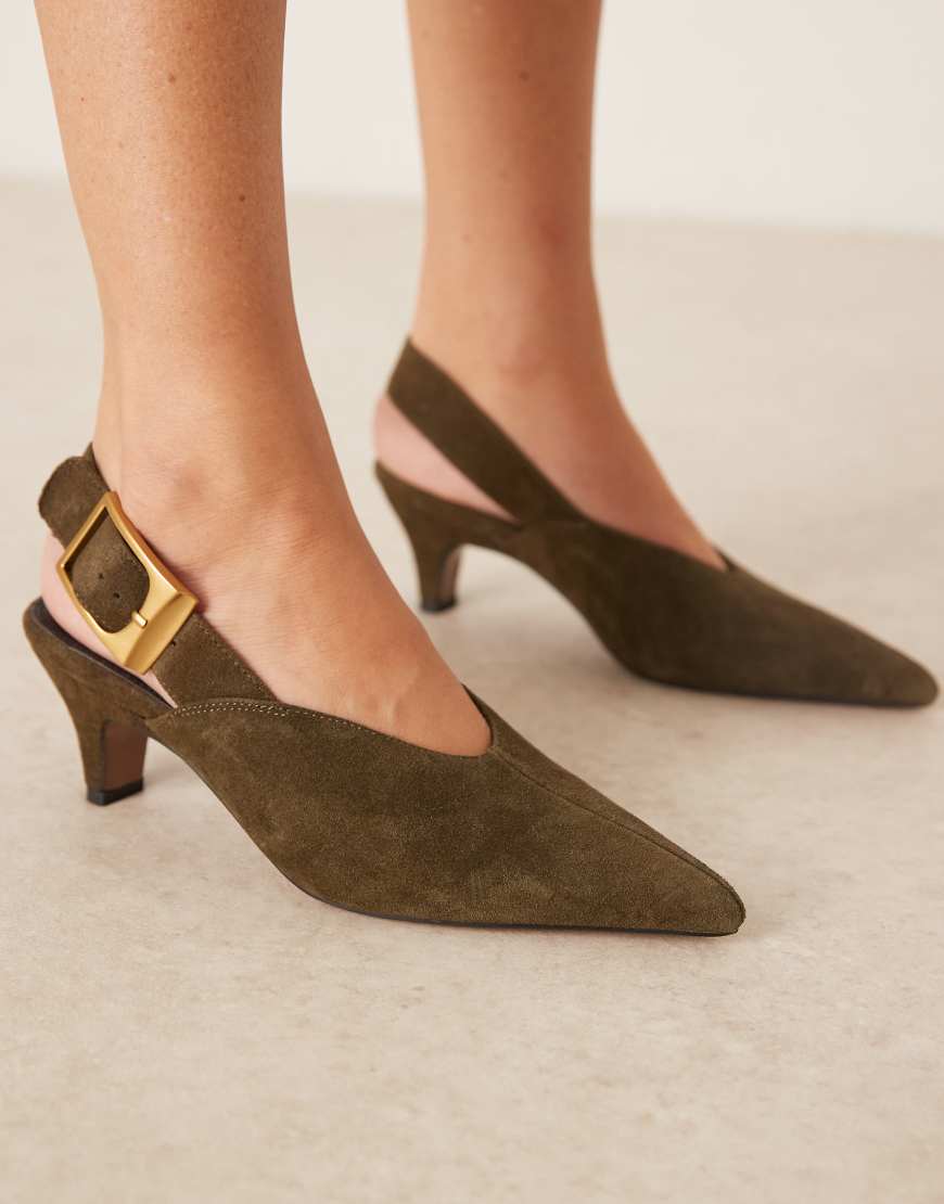 Shiloh large buckle detail slingback kitten heel shoes in olive suede-Green
