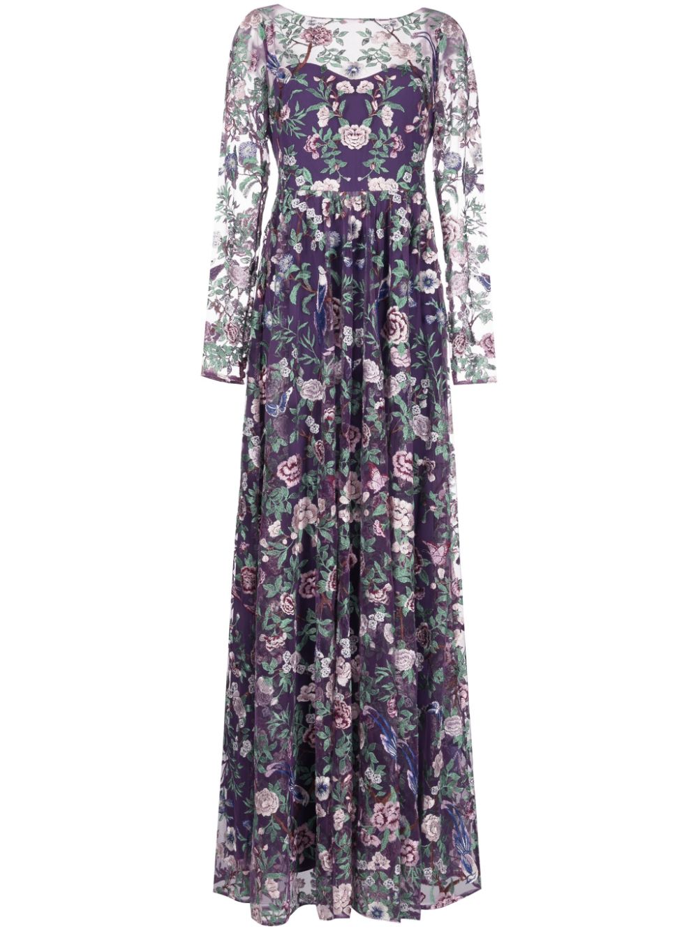 Botanical-embroidery sheer-overlay gown - Purple