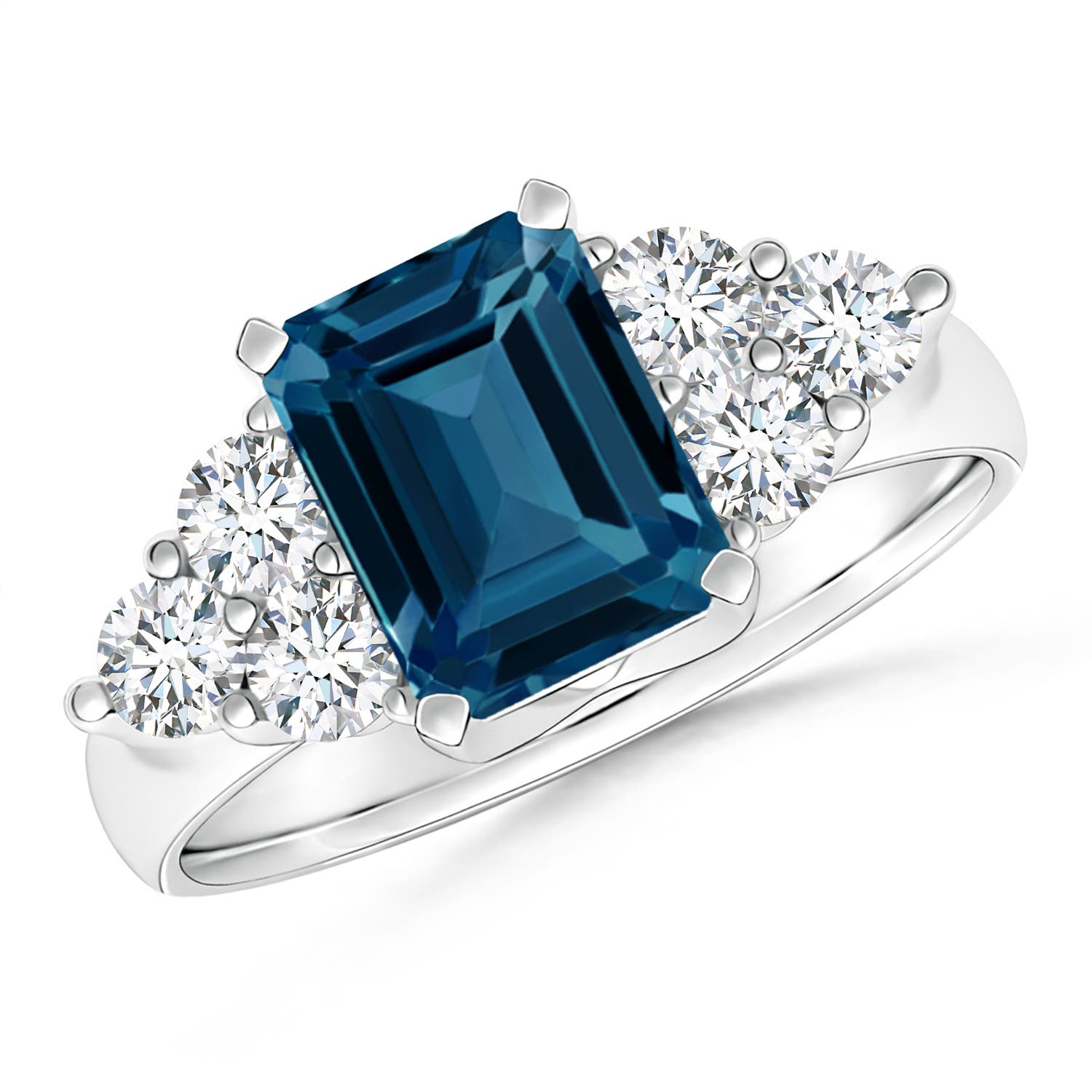 Angara 1.95 Carats Emerald Cut London Blue Topaz Ring with Trio Diamond Accents in Platinum