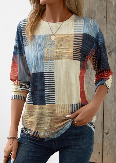 Modlily Beige Patchwork Plus Geometric Print T Shirt - 3X