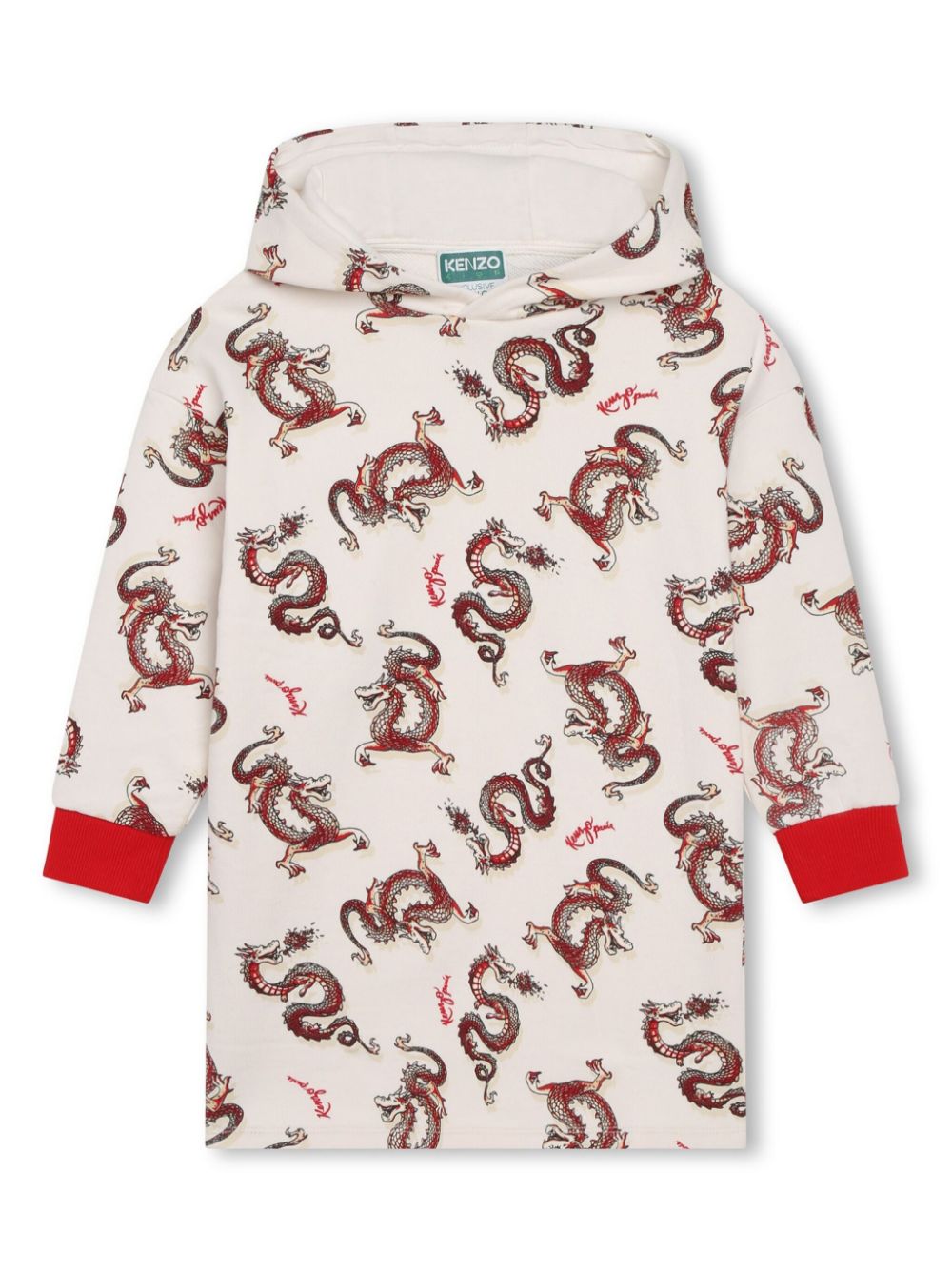 Dragon-print cotton hooded dress - Neutrals