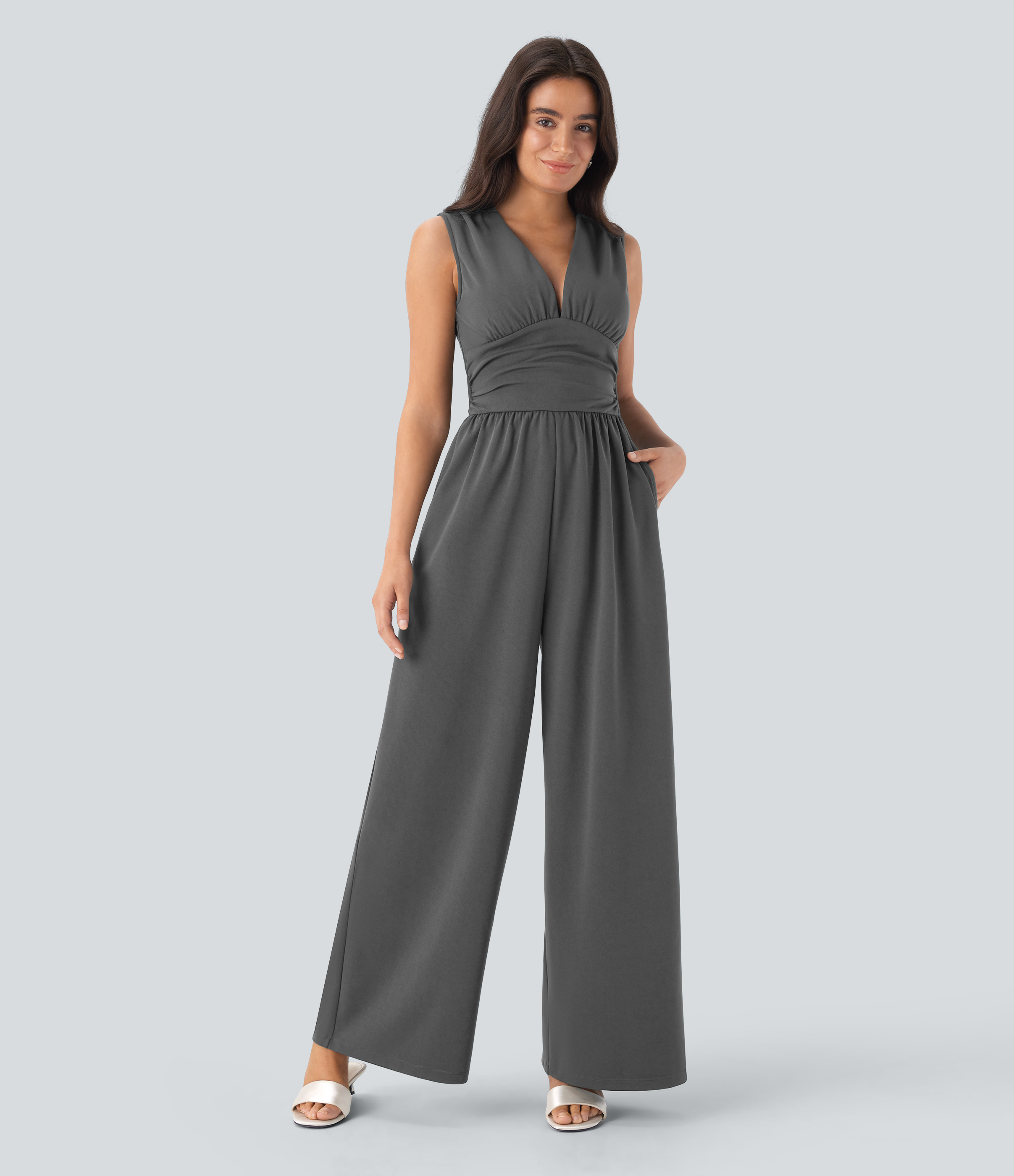 V Neck Sleeveless Ruched Pocket Jumpsuit-Easy Peezy  - Smoked Pearl