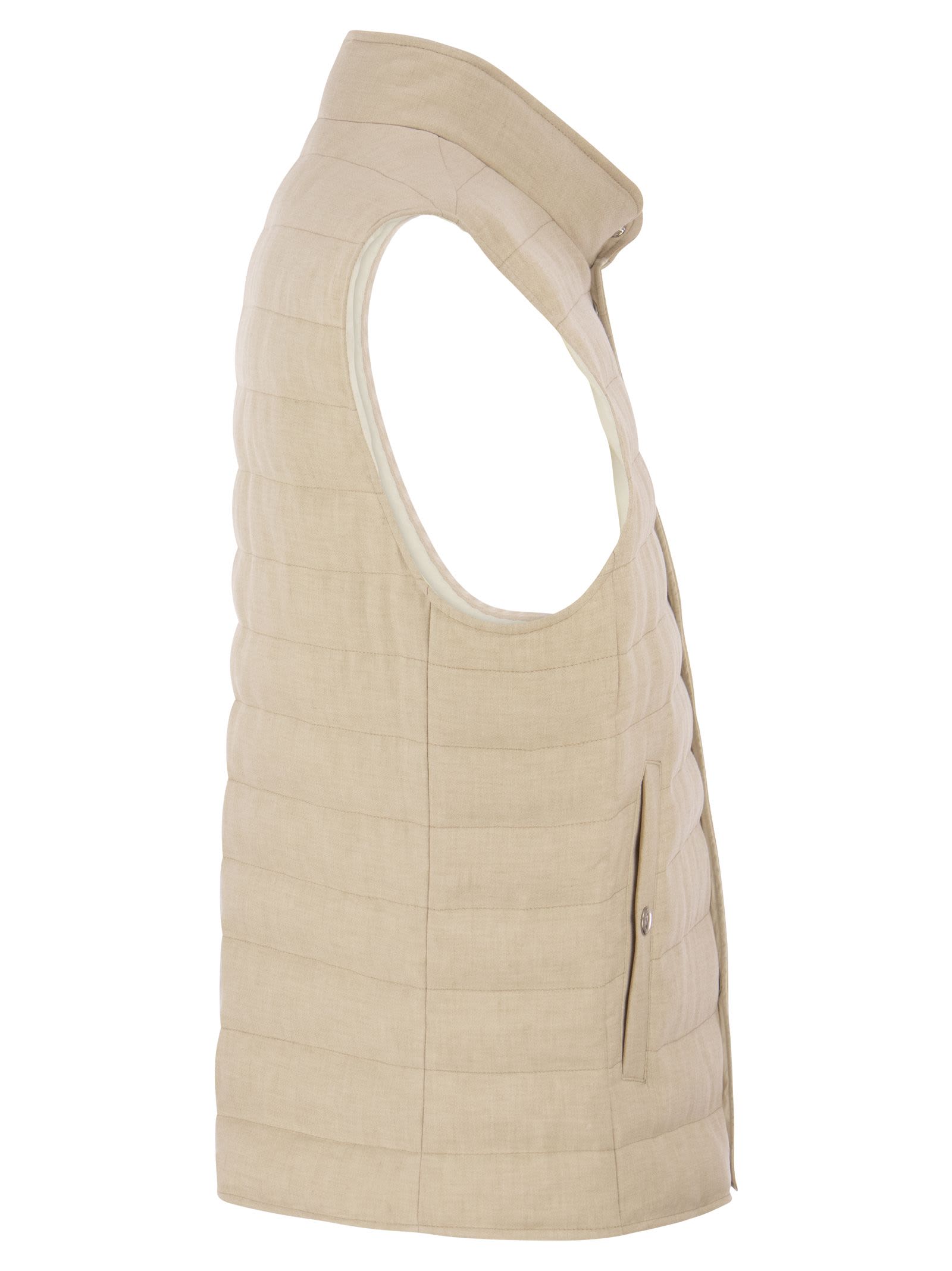 Lightweight Sleeveless Down Jacket In Linen And Wool Canvas