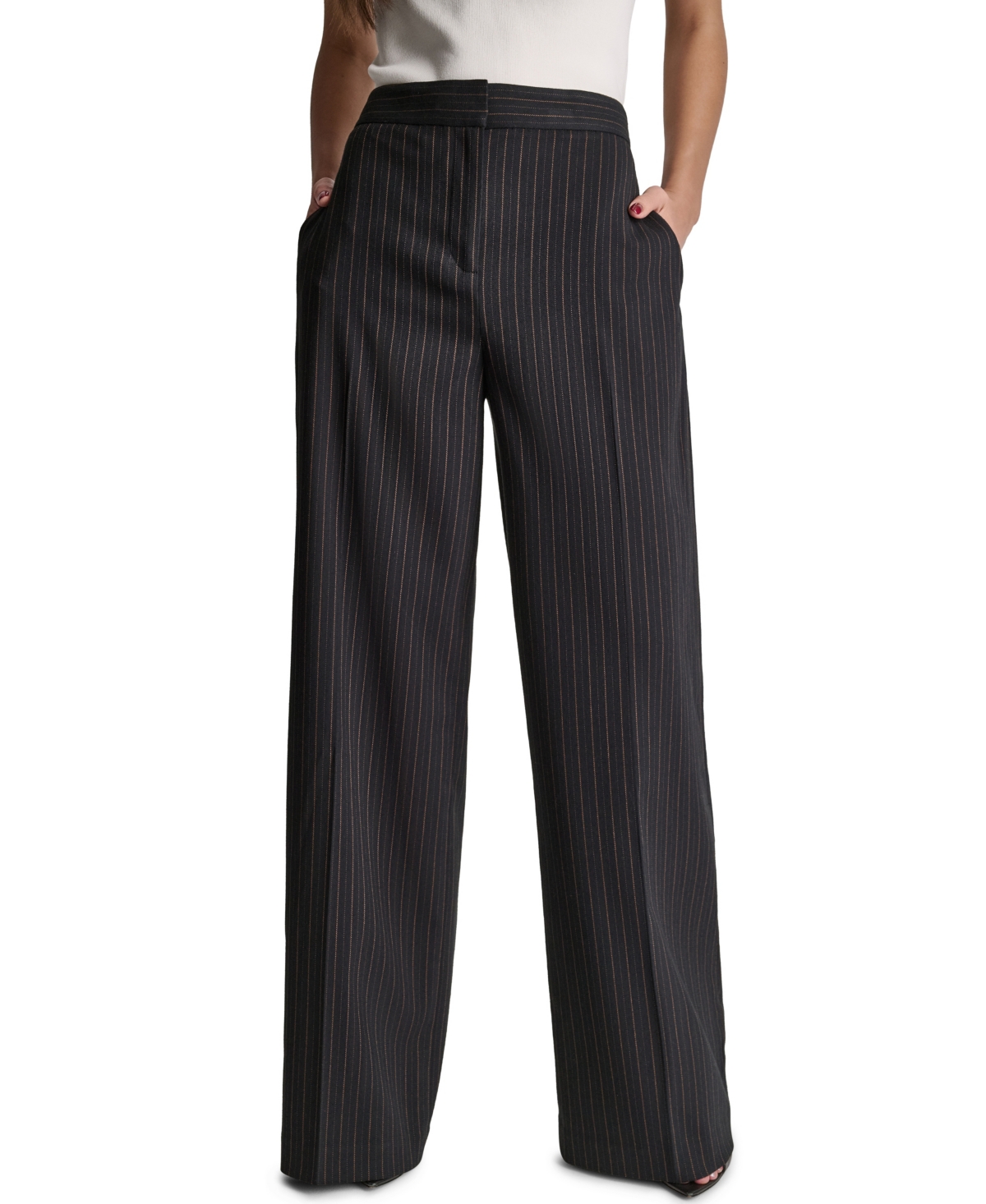 Women's Pinstripe Full-Length High-Rise Pants - Black Multi