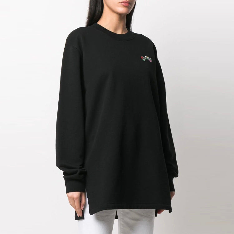 (WMNS) Arrow Embroidered Flowers Sports Long Loose Fit Black Hoodie