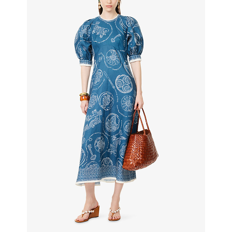 Womens Lucky Short-Sleeve Linen Midi Dress
