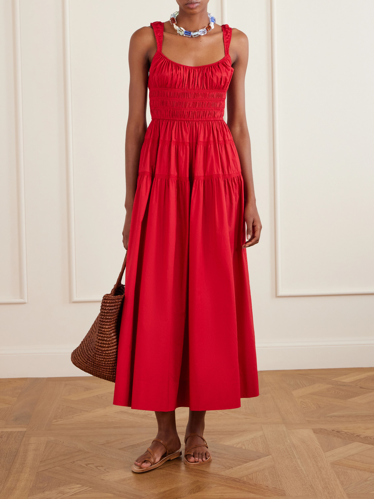 Clover Organic Cotton-poplin Midi Dress - Red