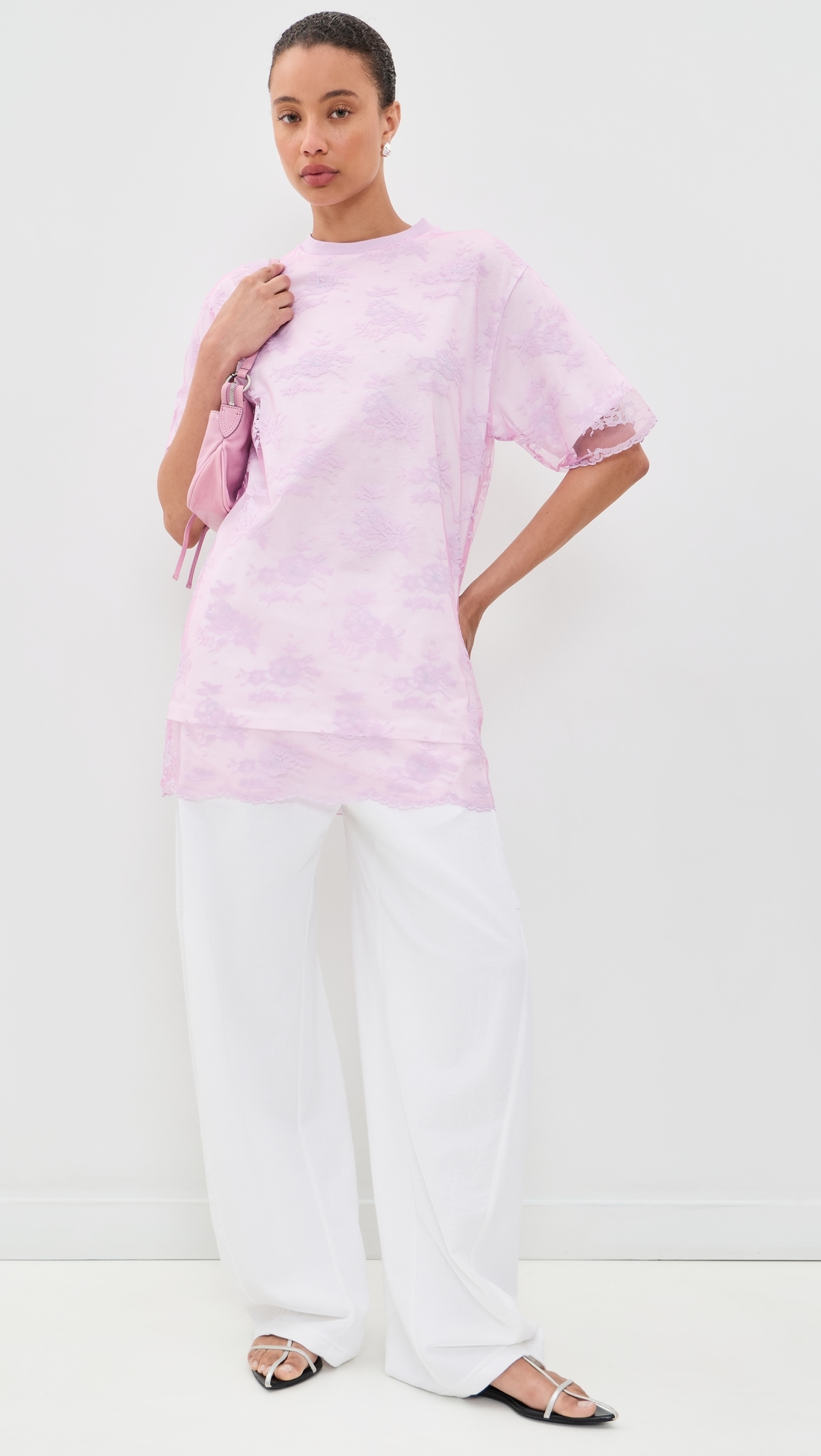 Relaxed Fit T-Shirt with Lace Overlayer Pink