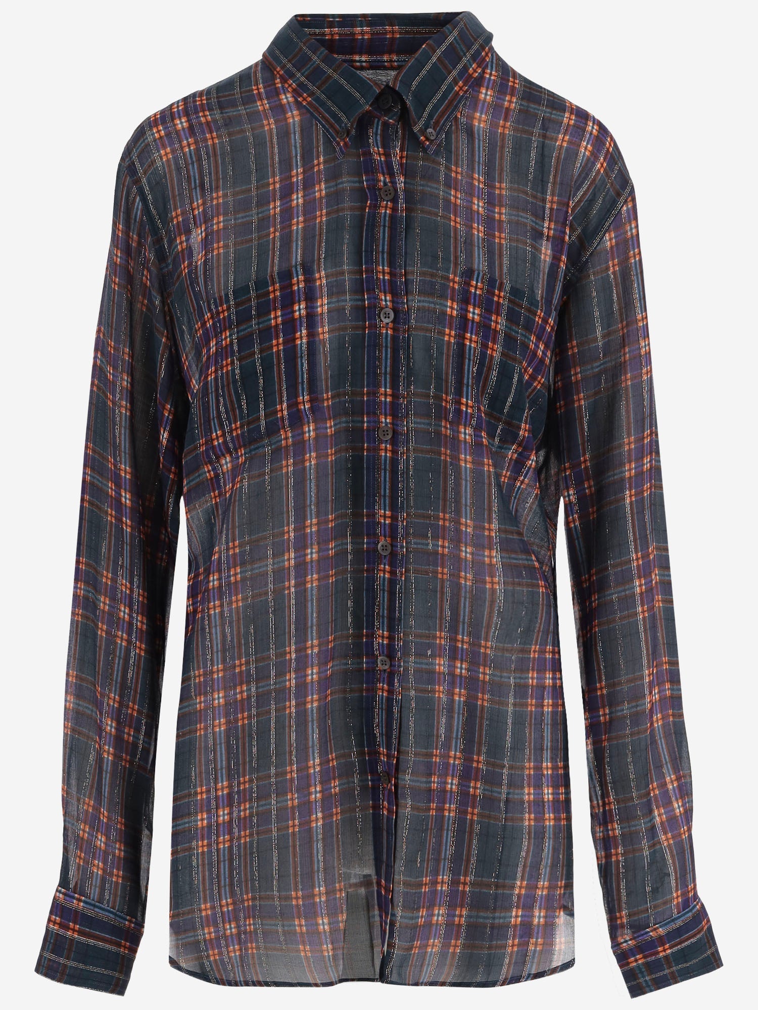 Check Pattern Viscose and Silk Shirt — Navy