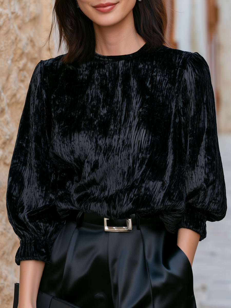 Crushed Velvet Puff-Sleeve Blouse - Black