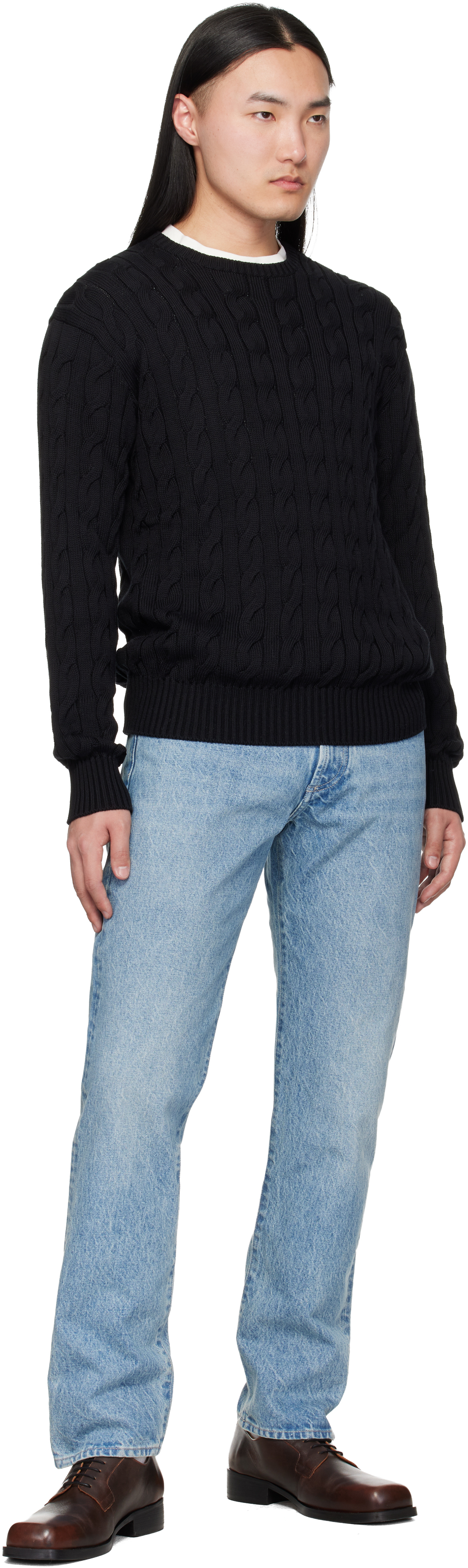 Black Cotton Silk Cable Crewneck Sweater
